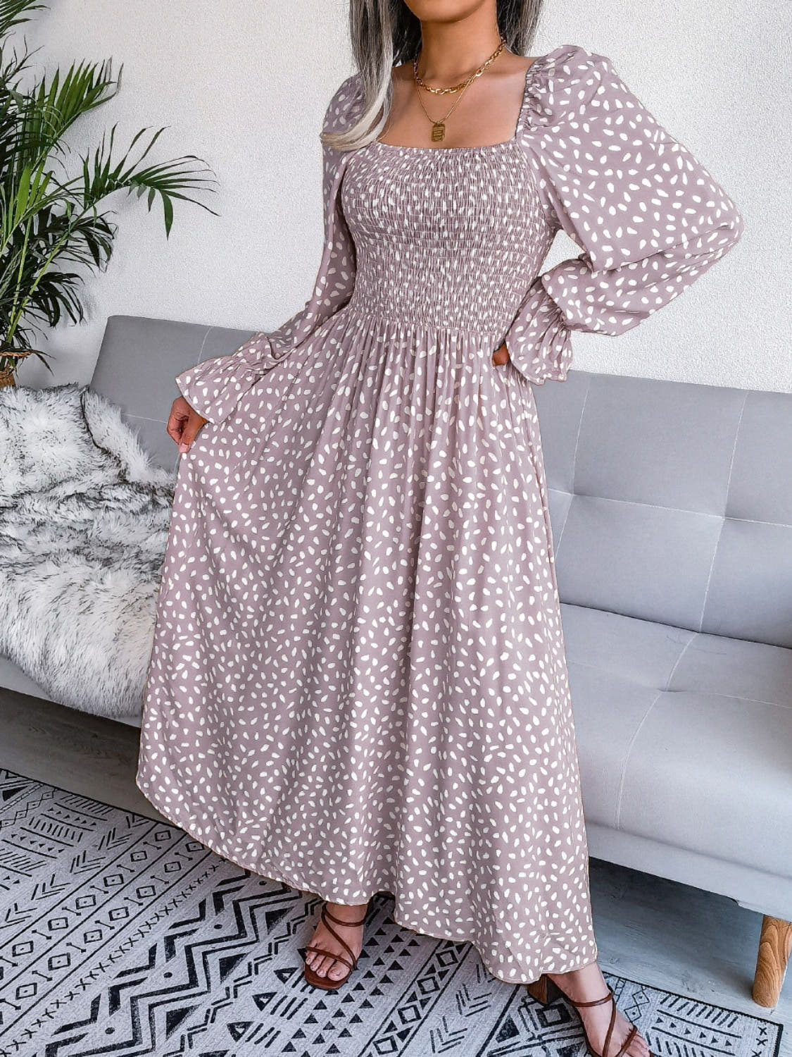 Smocked Square Neck Flounce Sleeve Dress -