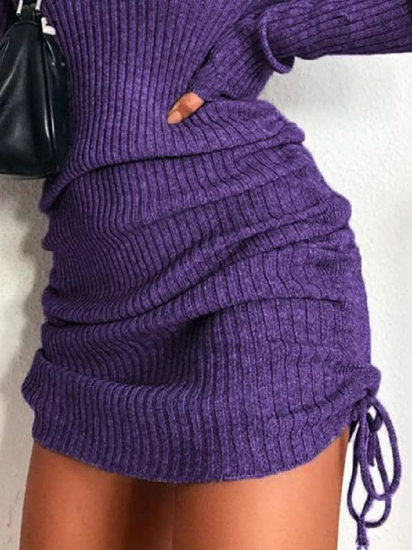 Full Size Ribbed Knit Drawstring Bodycon Sweater Dress Plus Size -