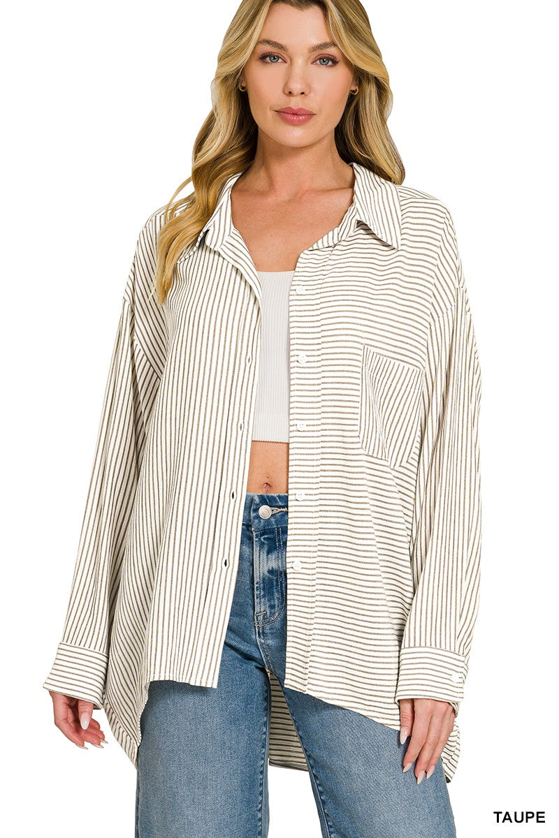 Zenana Woven Stripe Button Down Shirt -