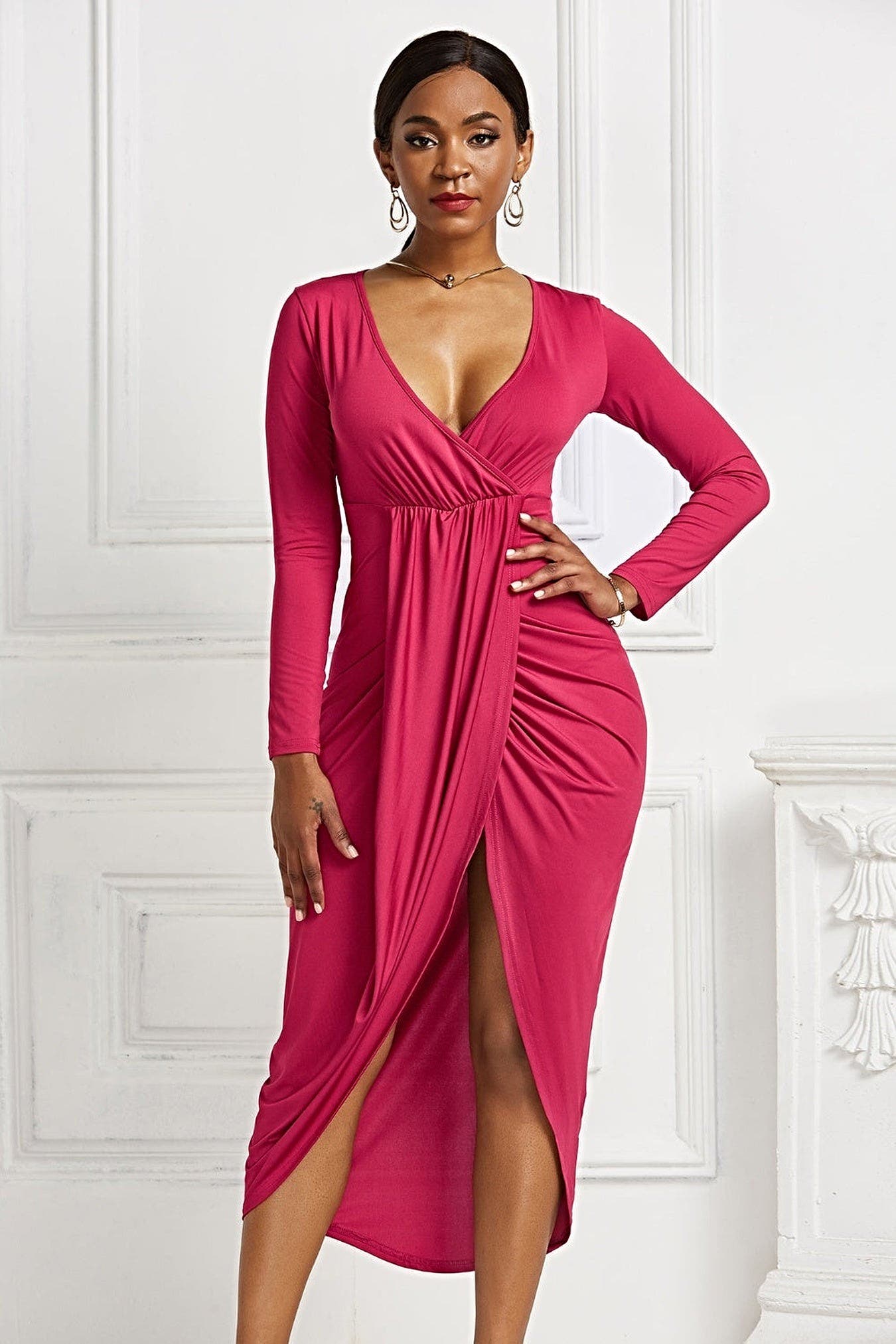 High-low Ruched Surplice Long Sleeve Dress -