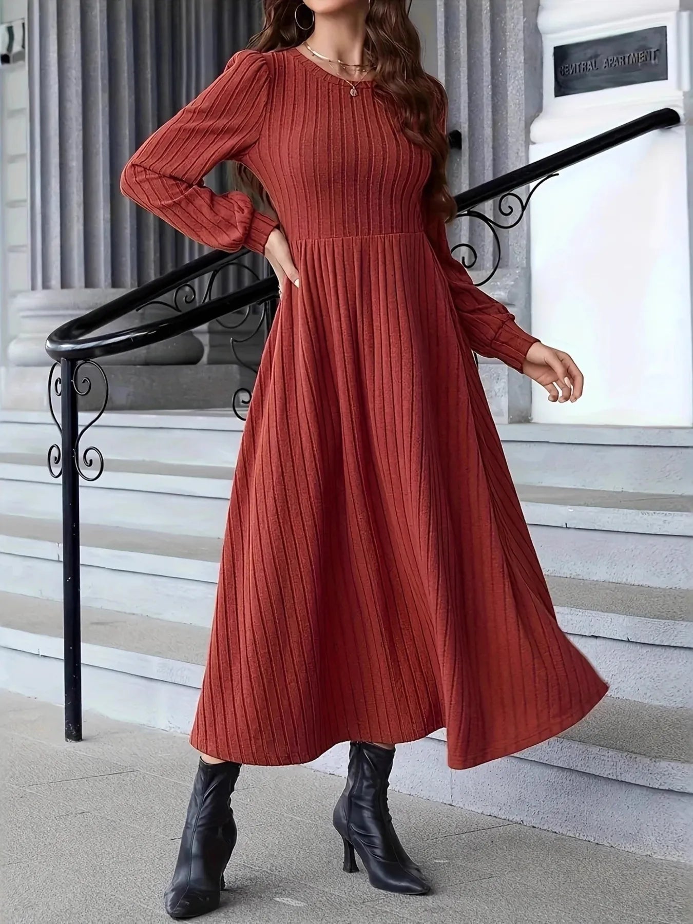 Ribbed Long Sleeve Sweater Dress -