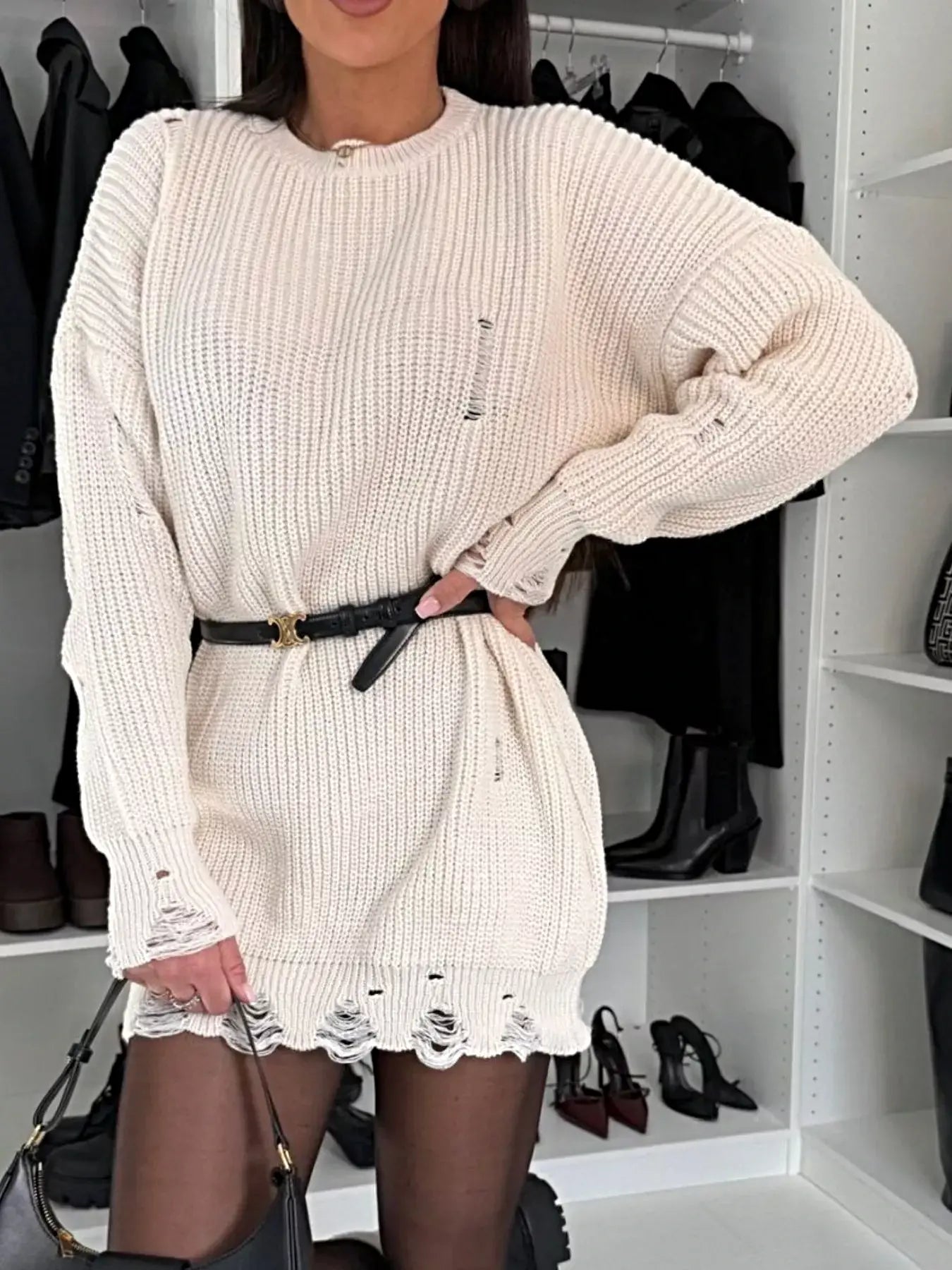 Distressed Round Neck Drop Shoulder Sweater Dress -