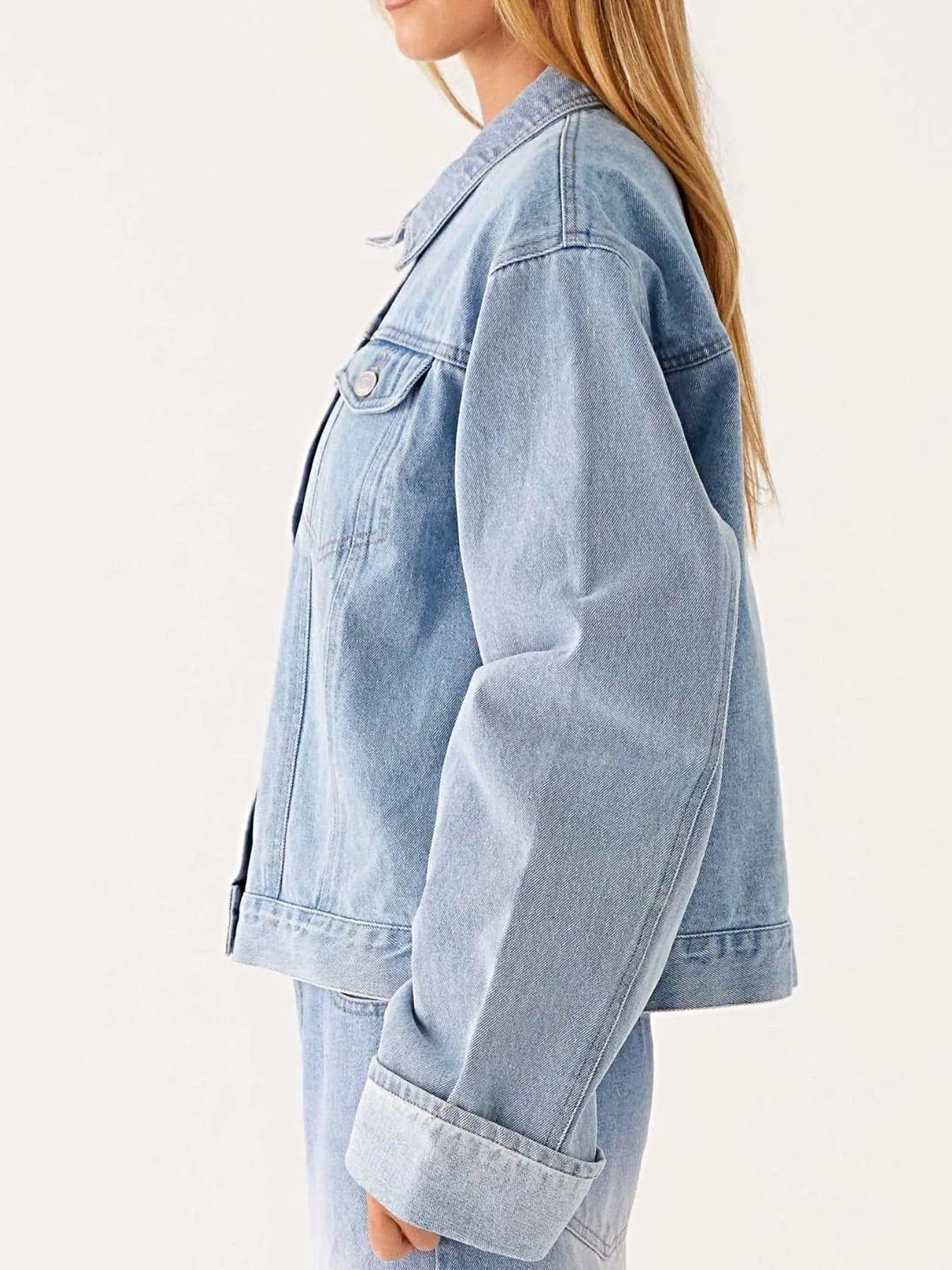 Button Down Cropped Oversized Denim Jacket -