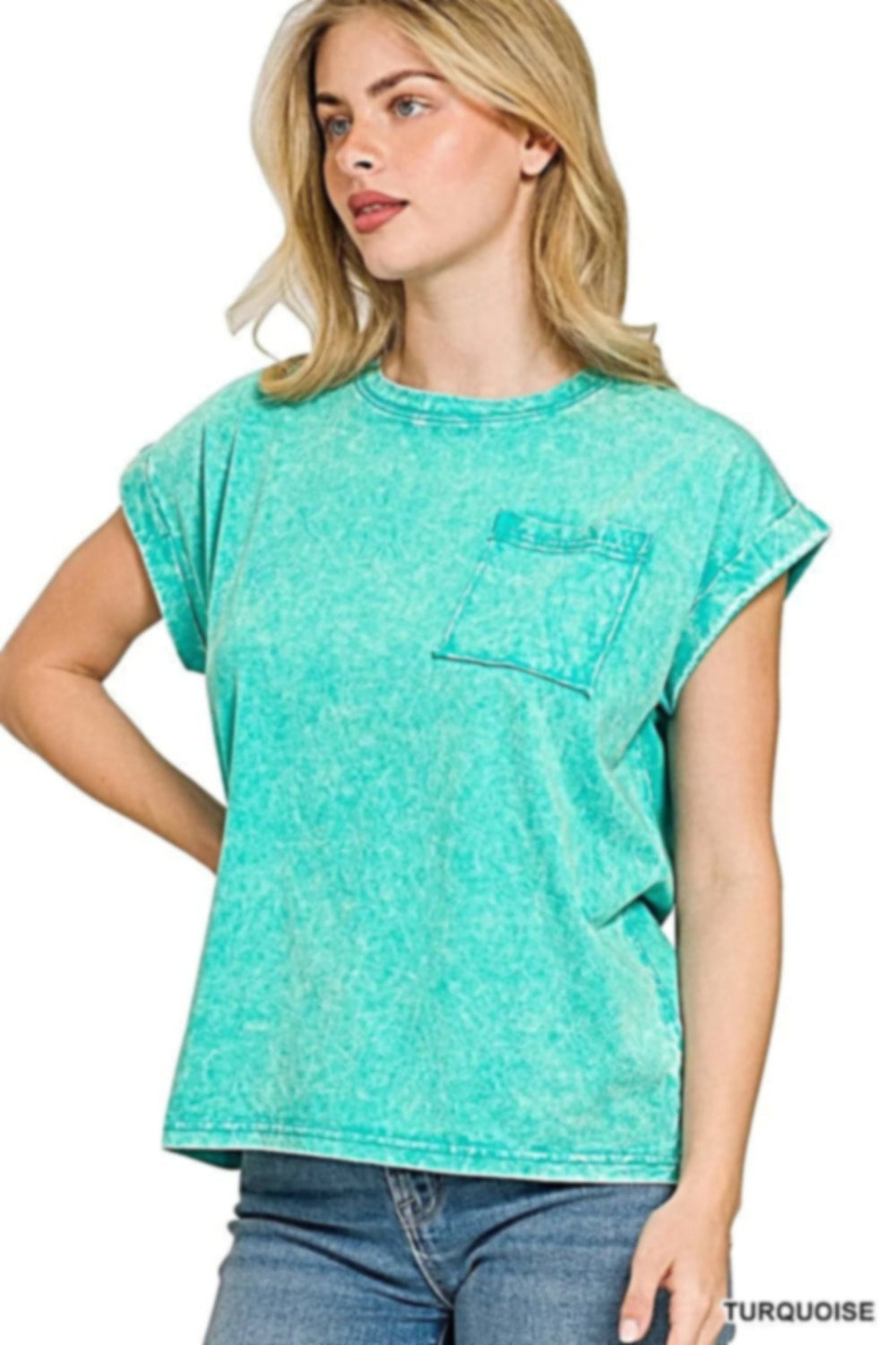 Zenana Full Size Crinkle Washed Round Neck Folded Short Sleeve Tee Plus Size -