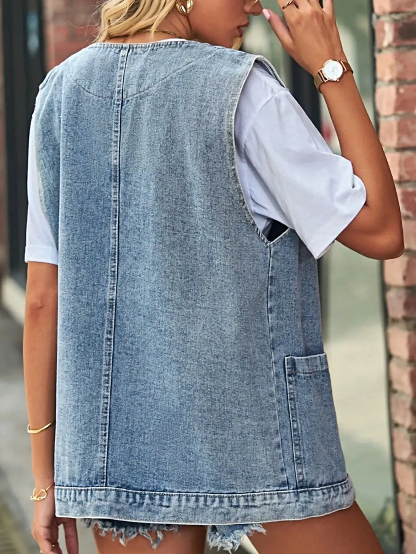Sleeveless Button-Down Denim Jacket Vest -