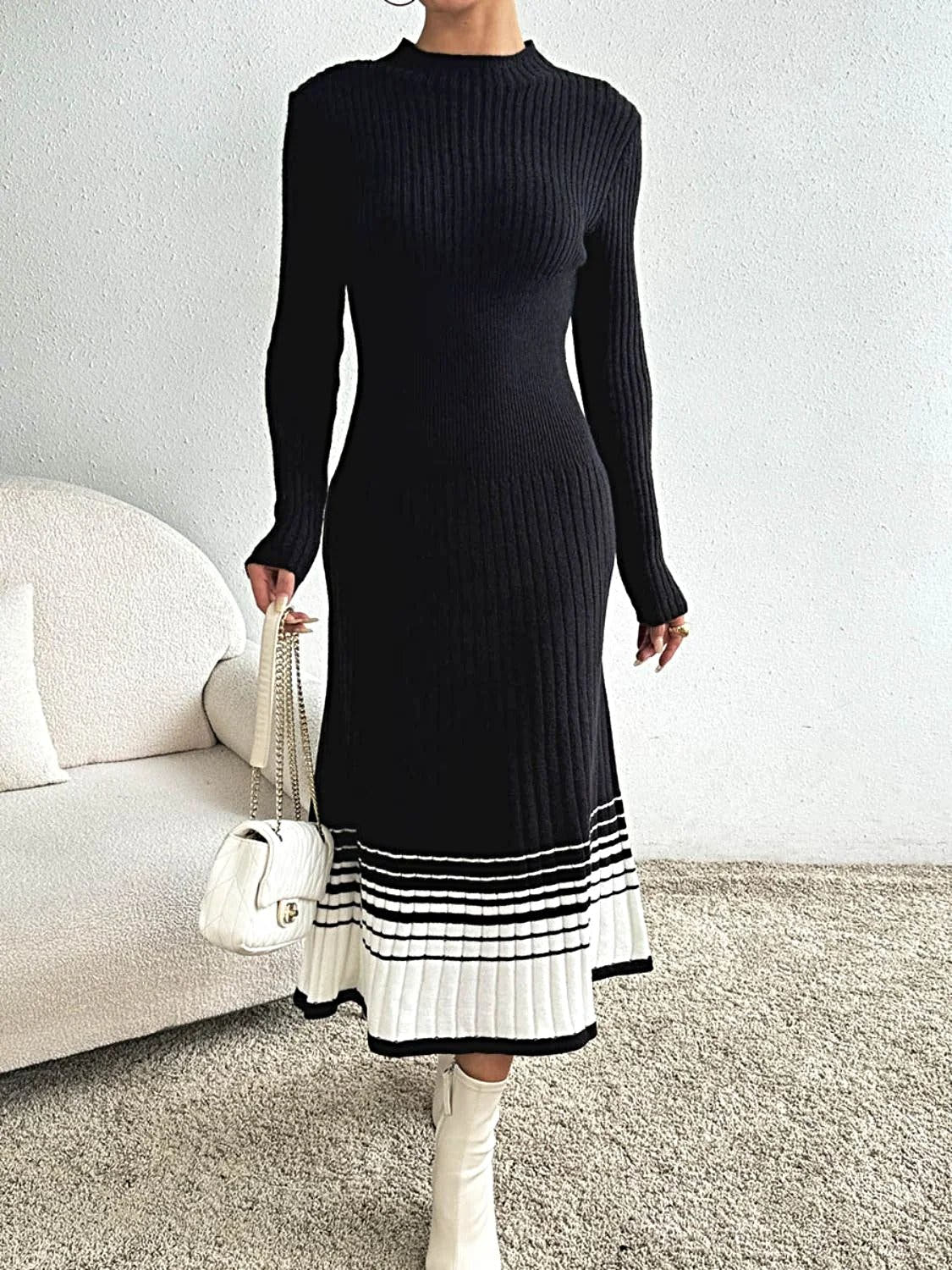 Contrast Mock Neck Long Sleeve Sweater Dress -
