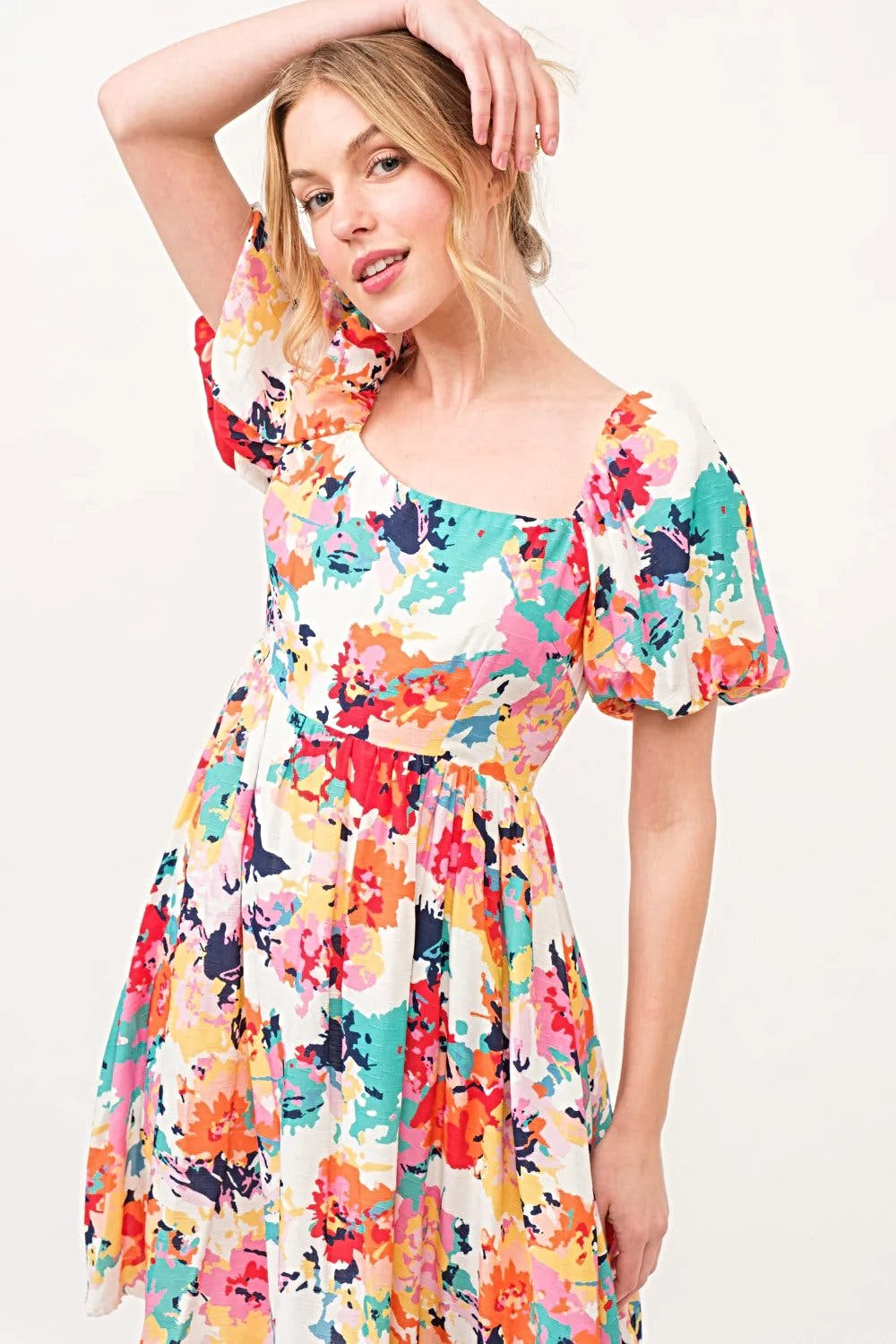 Floral Puff Sleeve Dress with Square Neckline and Pockets - Trendy Women's Fashion Trendsi
