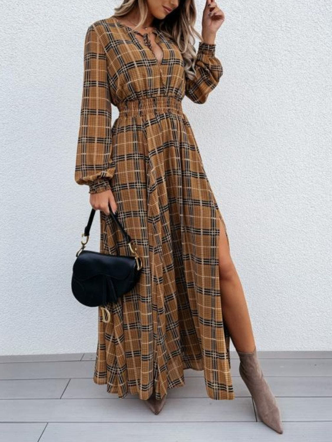 Elegant Plaid Maxi Dress with Slit and Tie Neck, Long Sleeve, 100% Polyester Trendsi