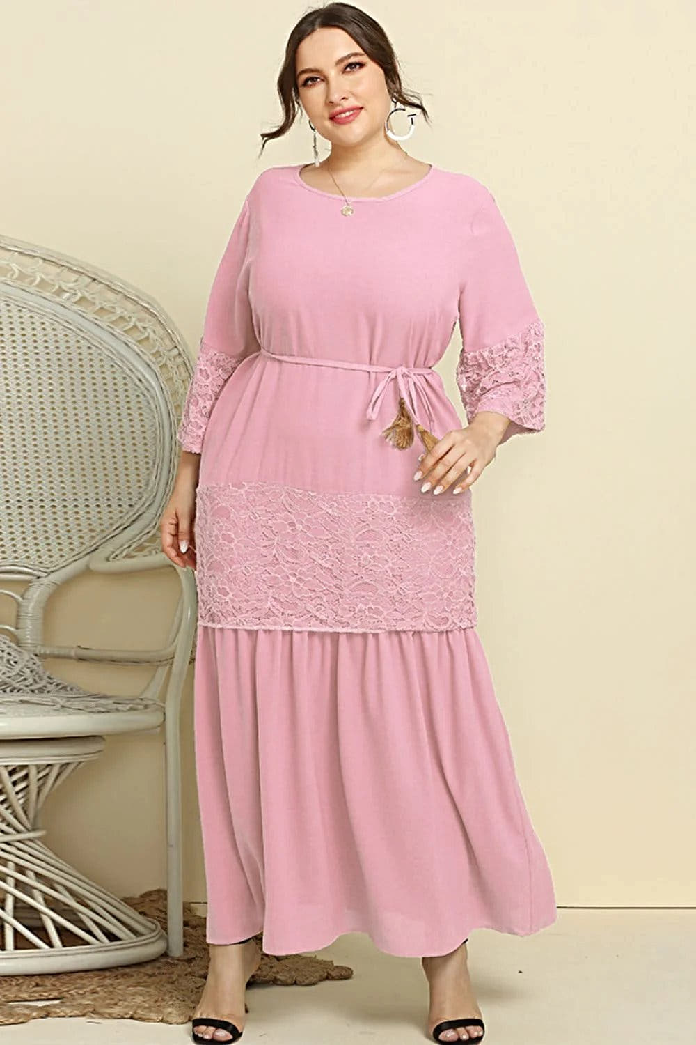 Plus Size Spliced Lace Tassel Belted Dress -