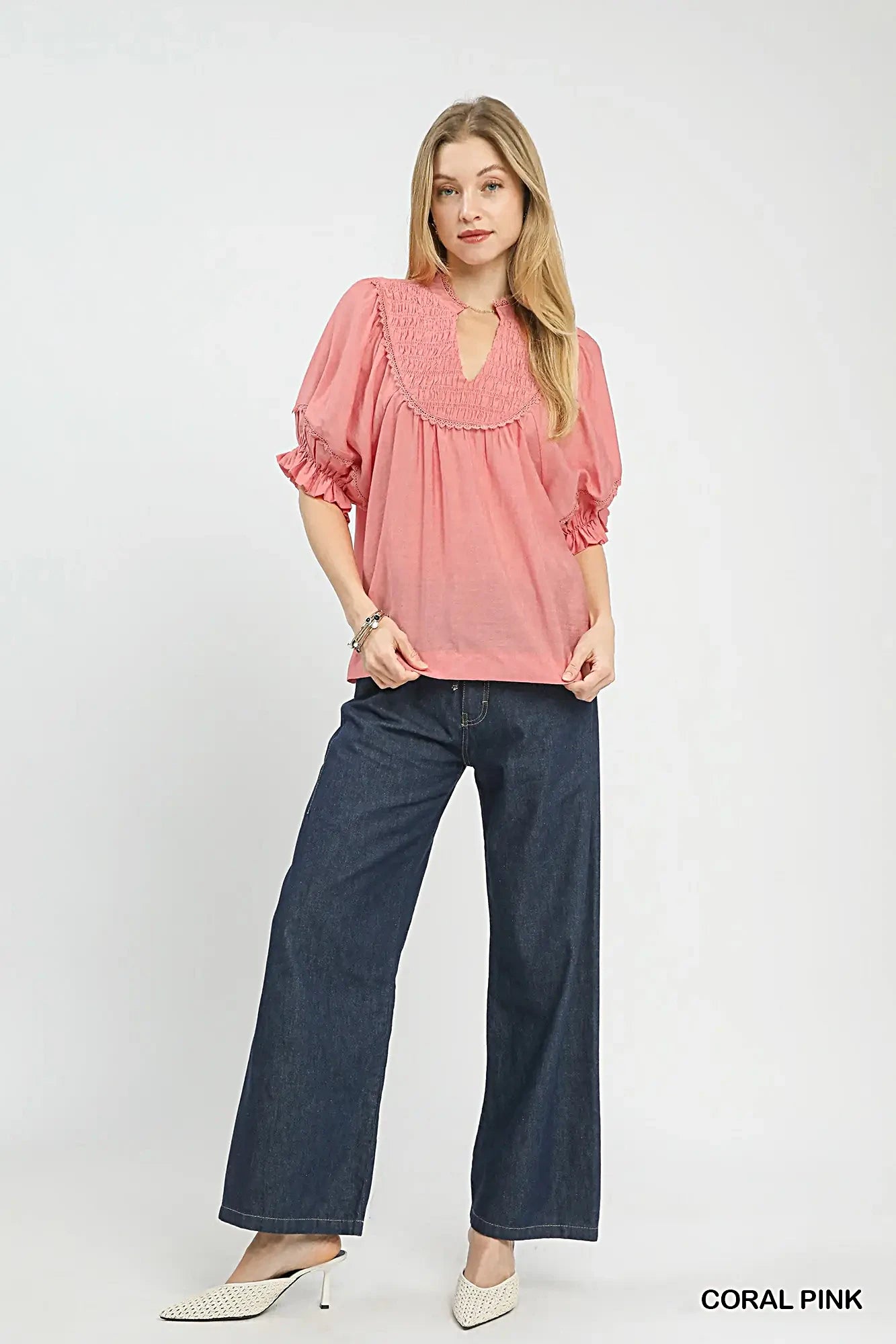 Umgee Smocked Yoke Blouse with Ruffle Sleeves -