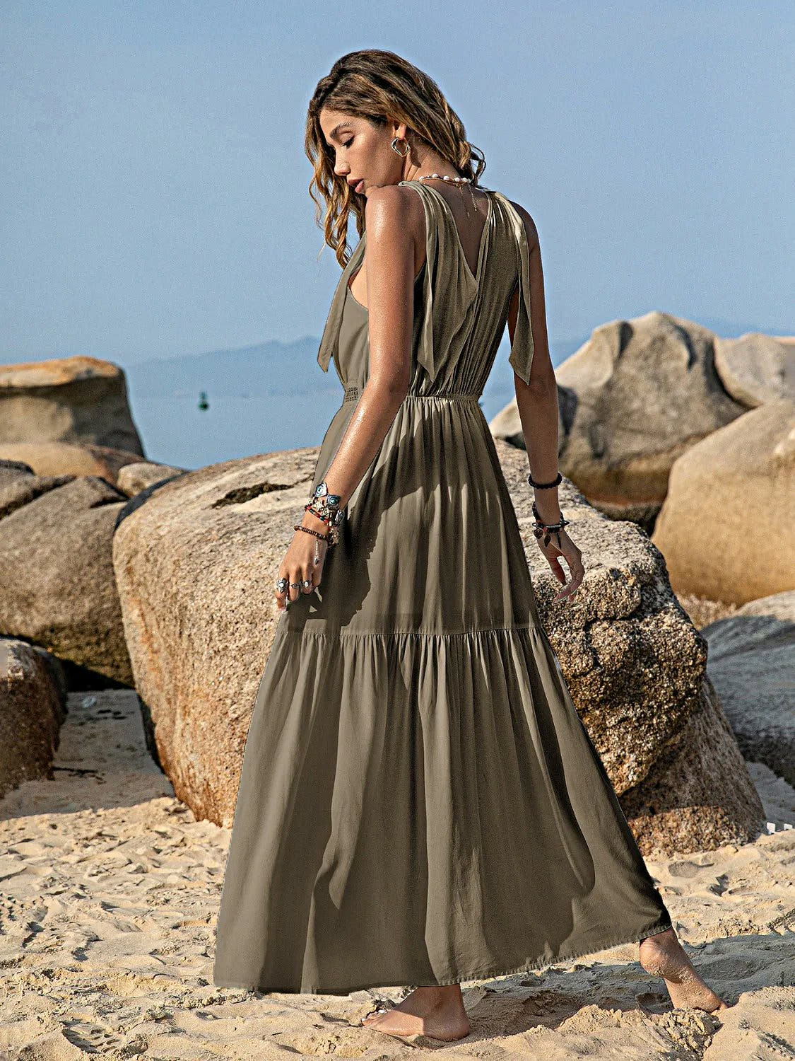 V-Neck Tie Shoulder Crochet Maxi Dress -