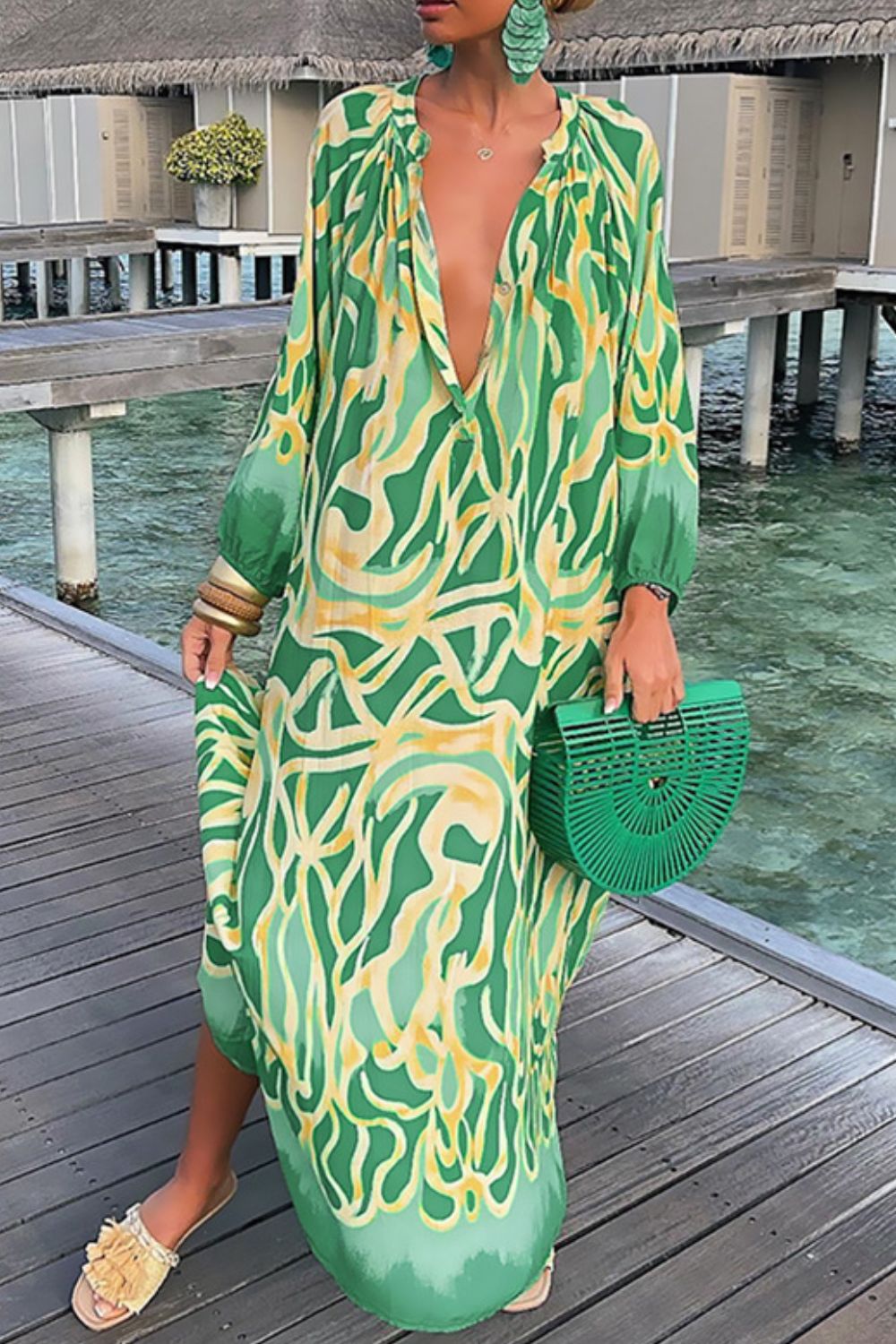 Elegant 100% Polyester Maxi Dress Abstract Print, Buttoned Balloon Sleeves & Notched Neckline Trendsi