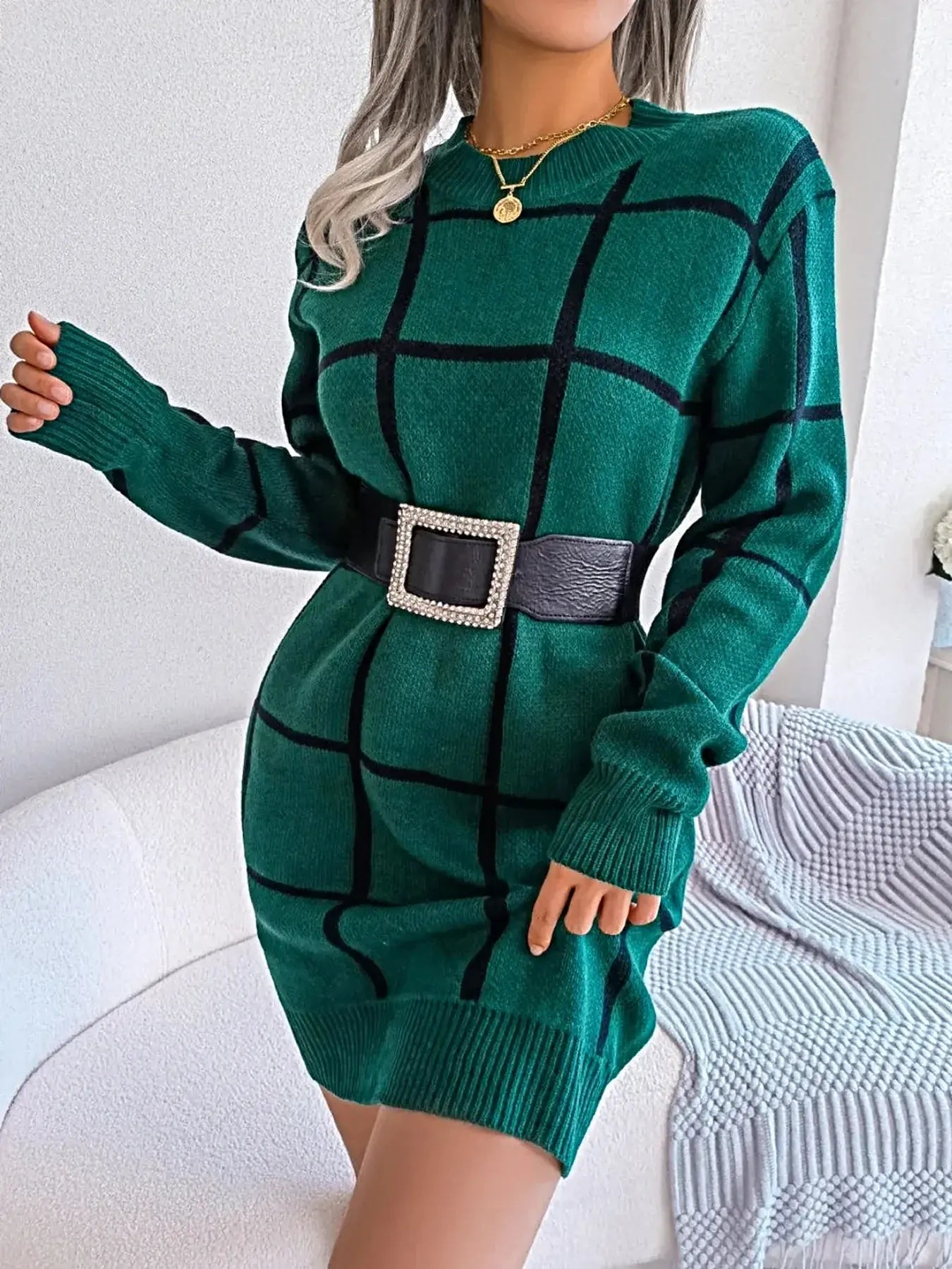 Plaid Round Neck Dropped Shoulder Sweater Dress -