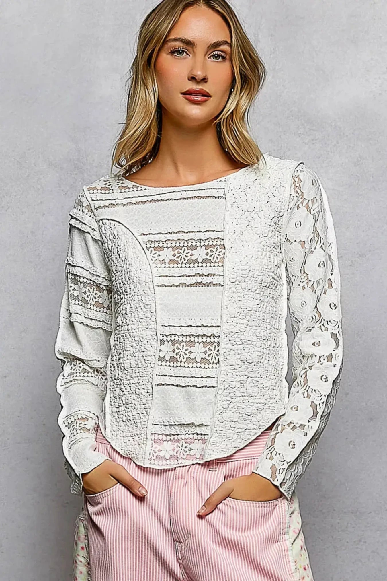 POL Round Neck Long Sleeve Exposed Seam Top with Lace Detail -