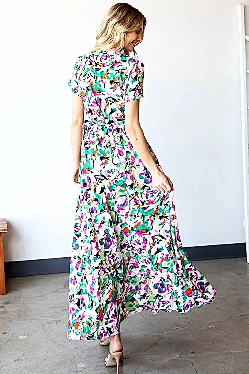 First Love Slit Printed Surplice Tie Waist Short Sleeve Dress -