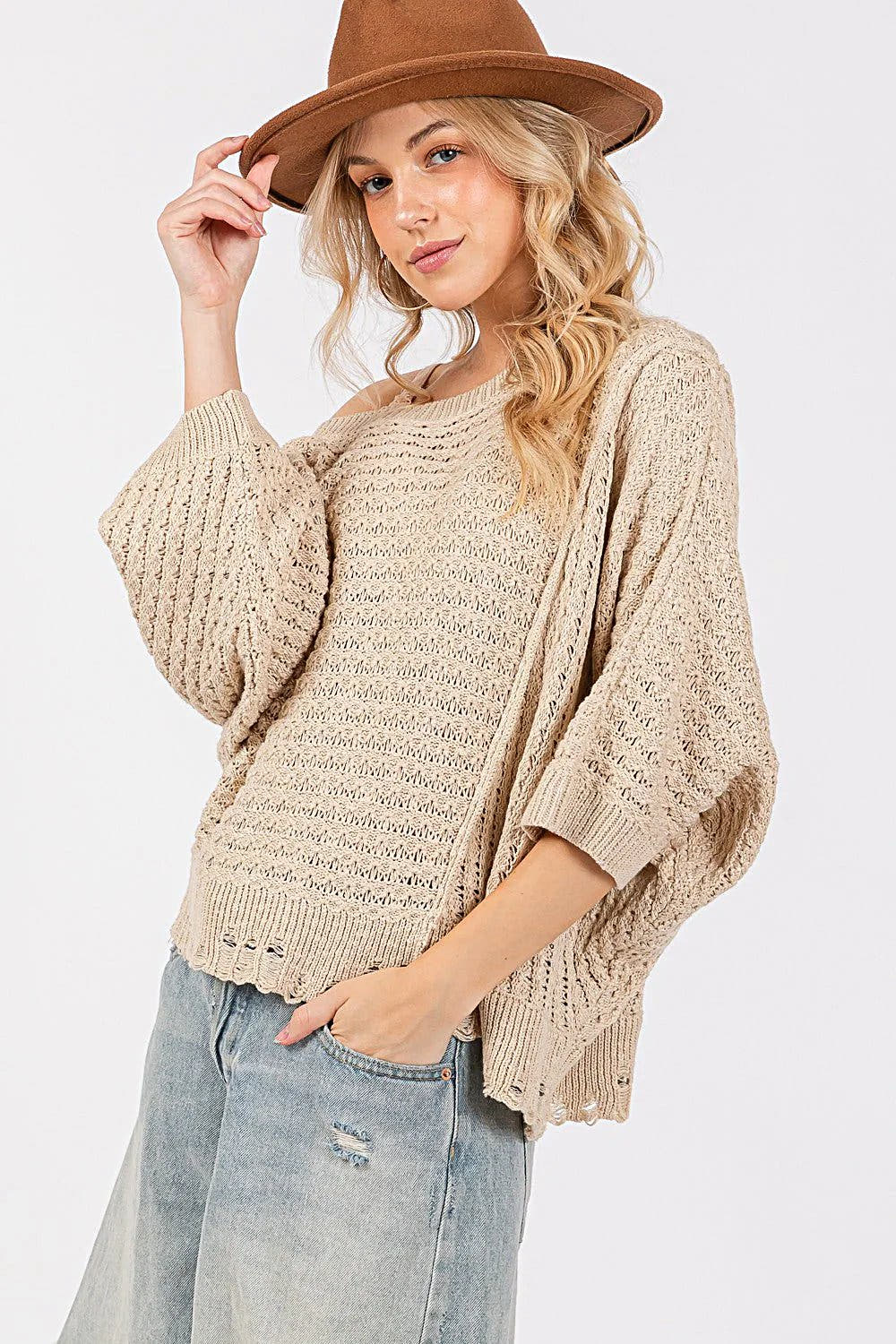 SAGE + FIG Distressed Asymmetrical Open Stitch Sweater -