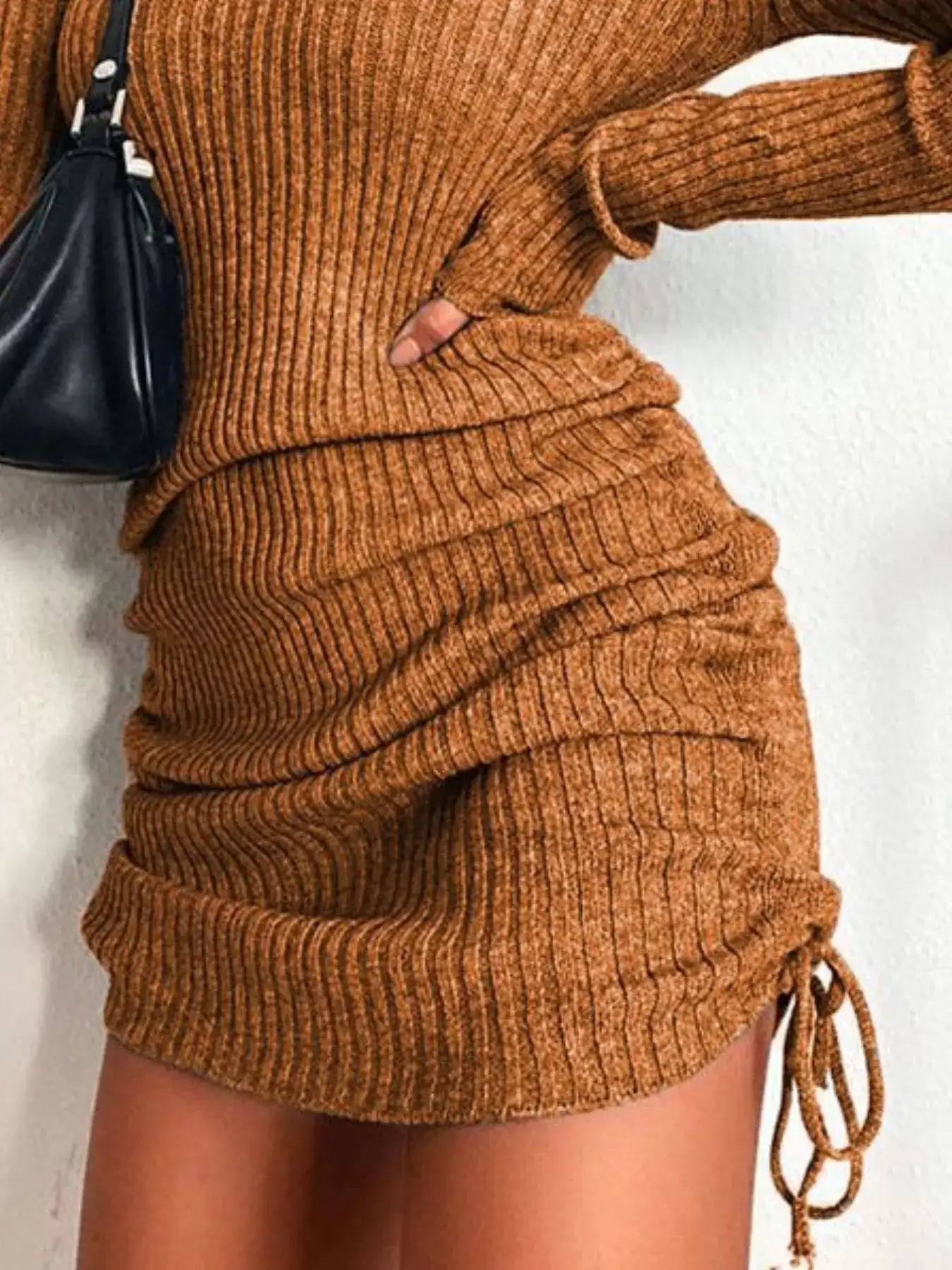Full Size Ribbed Knit Drawstring Bodycon Sweater Dress Plus Size -