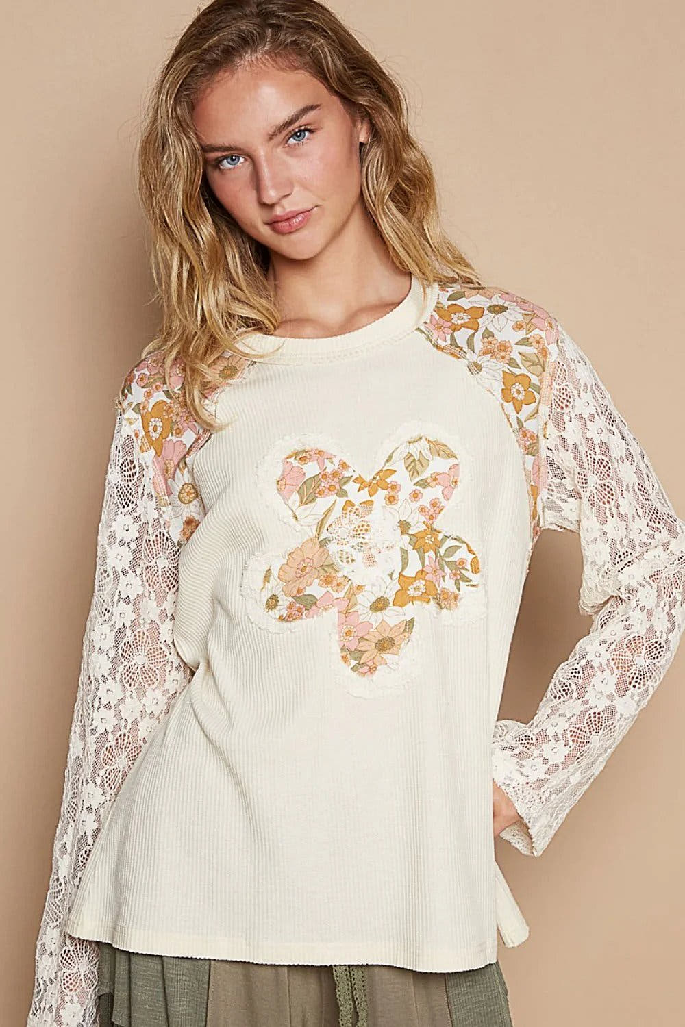 POL Flower Patch Lace Sleeve Knit Top -