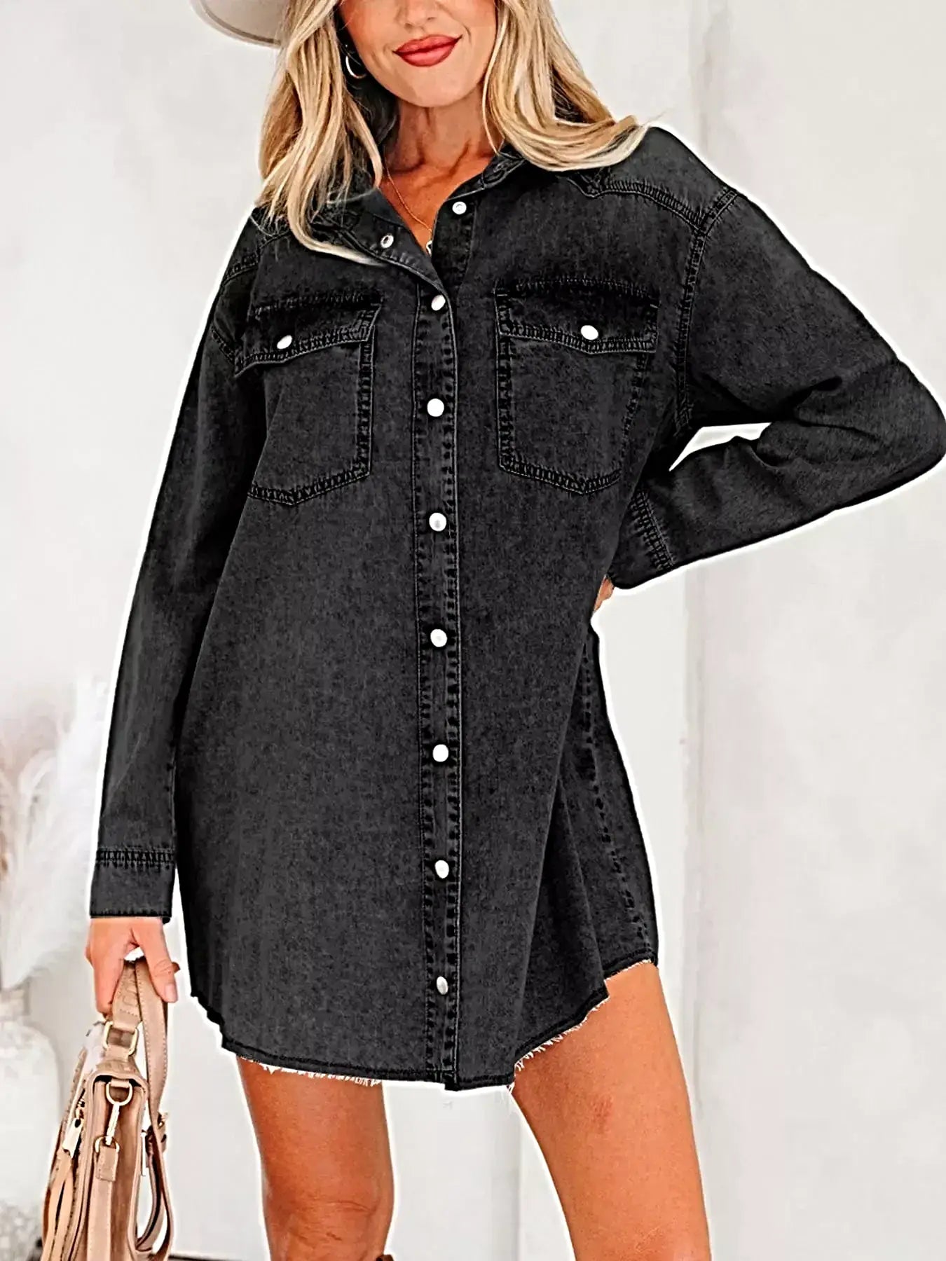 Chest Pocket Raw Hem Denim Loose Shirt Dress -