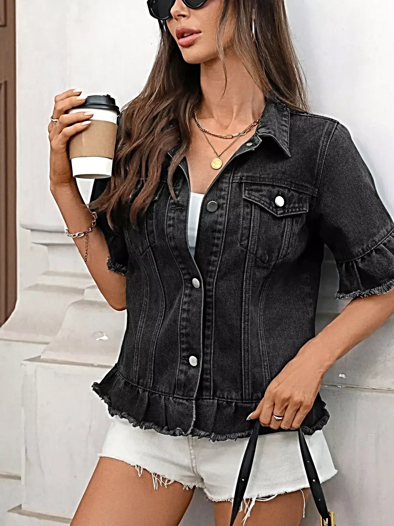 Chic Raw Hem Button Up Denim Jacket with Ruffled Details - Trendy Fashion for Every Occasion -