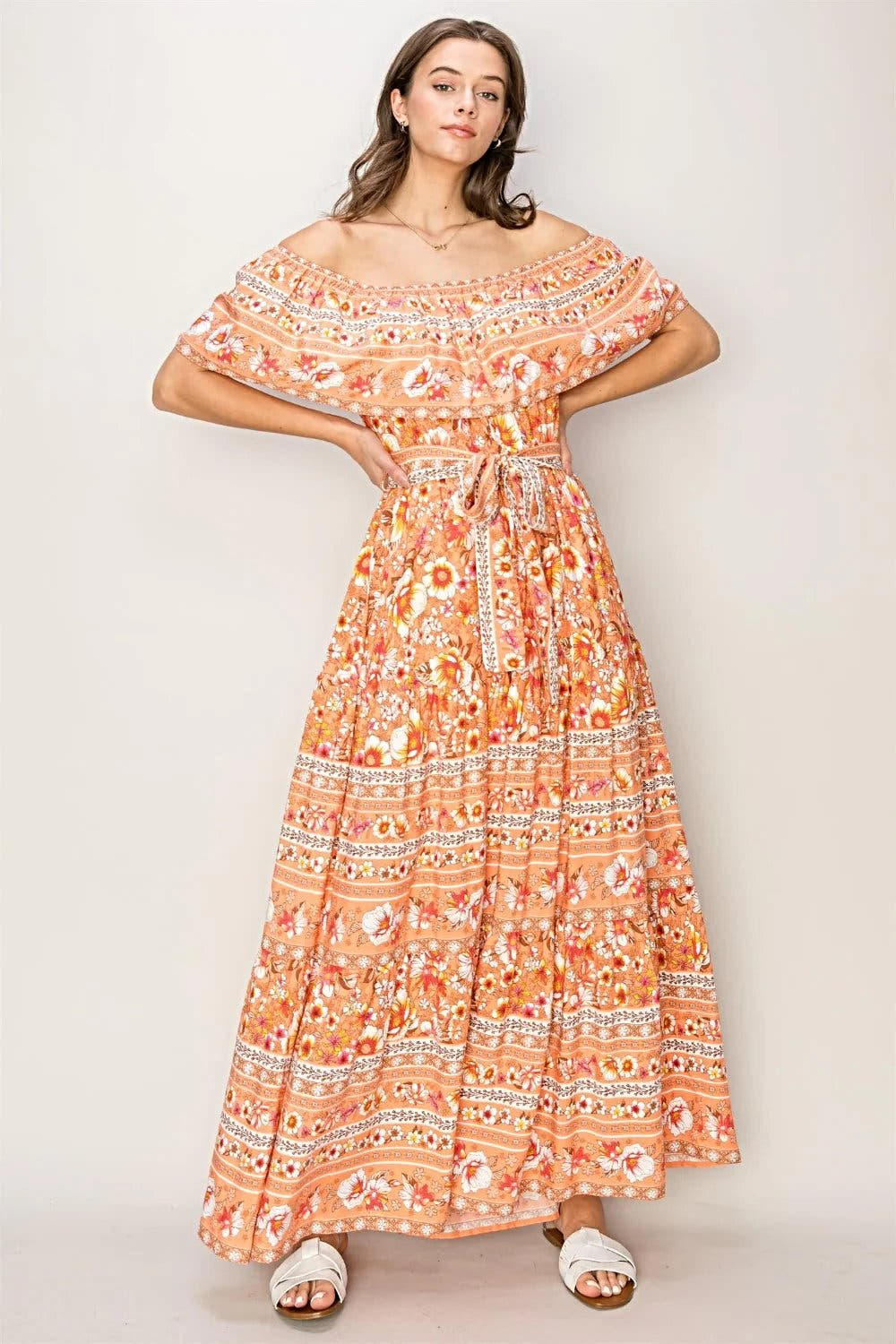 HYFVE Floral Off-Shoulder Tie Front Maxi Dress -