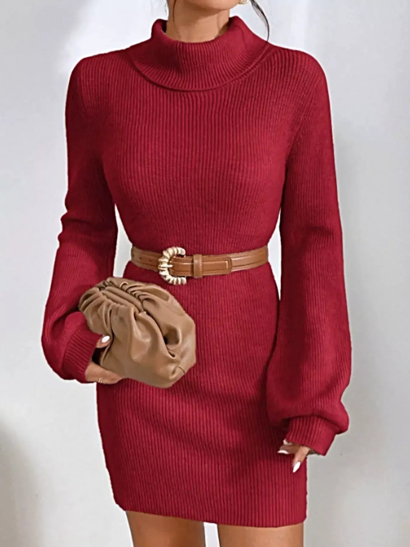 Women's Ribbed Turtleneck Sweater Dress - Stretch Knit For Elegant Cold-Weather Style -