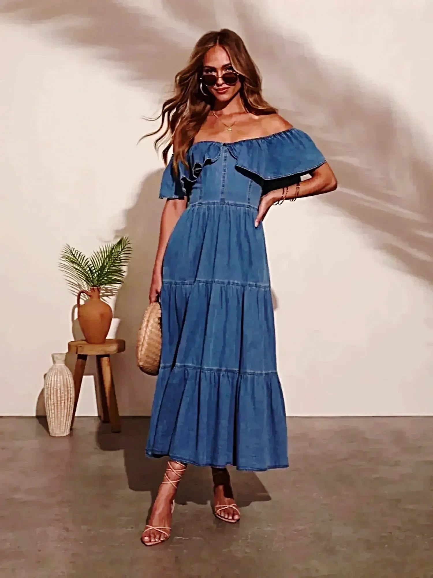 Off Shoulder Ruffle Tiered Denim Dress -