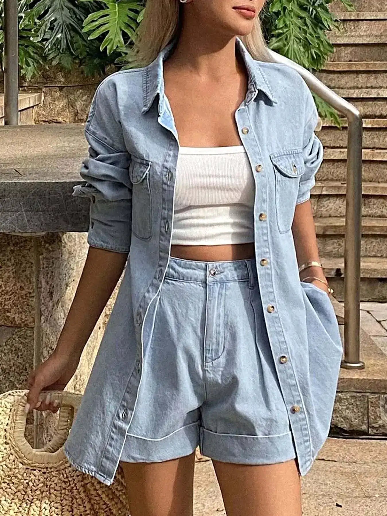 Button Up Long Sleeve Shirt and Shorts Denim Set -