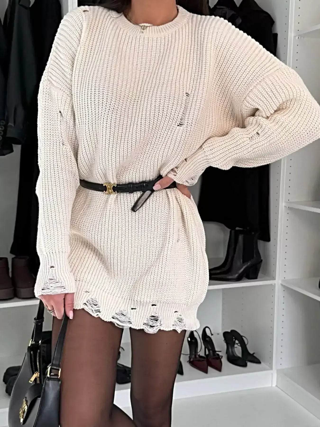Distressed Round Neck Drop Shoulder Sweater Dress -