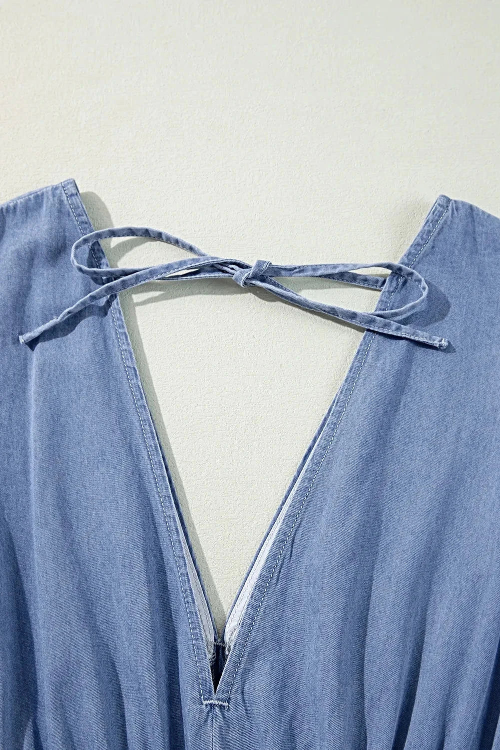Plunge Denim Dress With Tied Design And Three-Quarter Sleeves - 100% Cotton Classic Elegance Trendsi