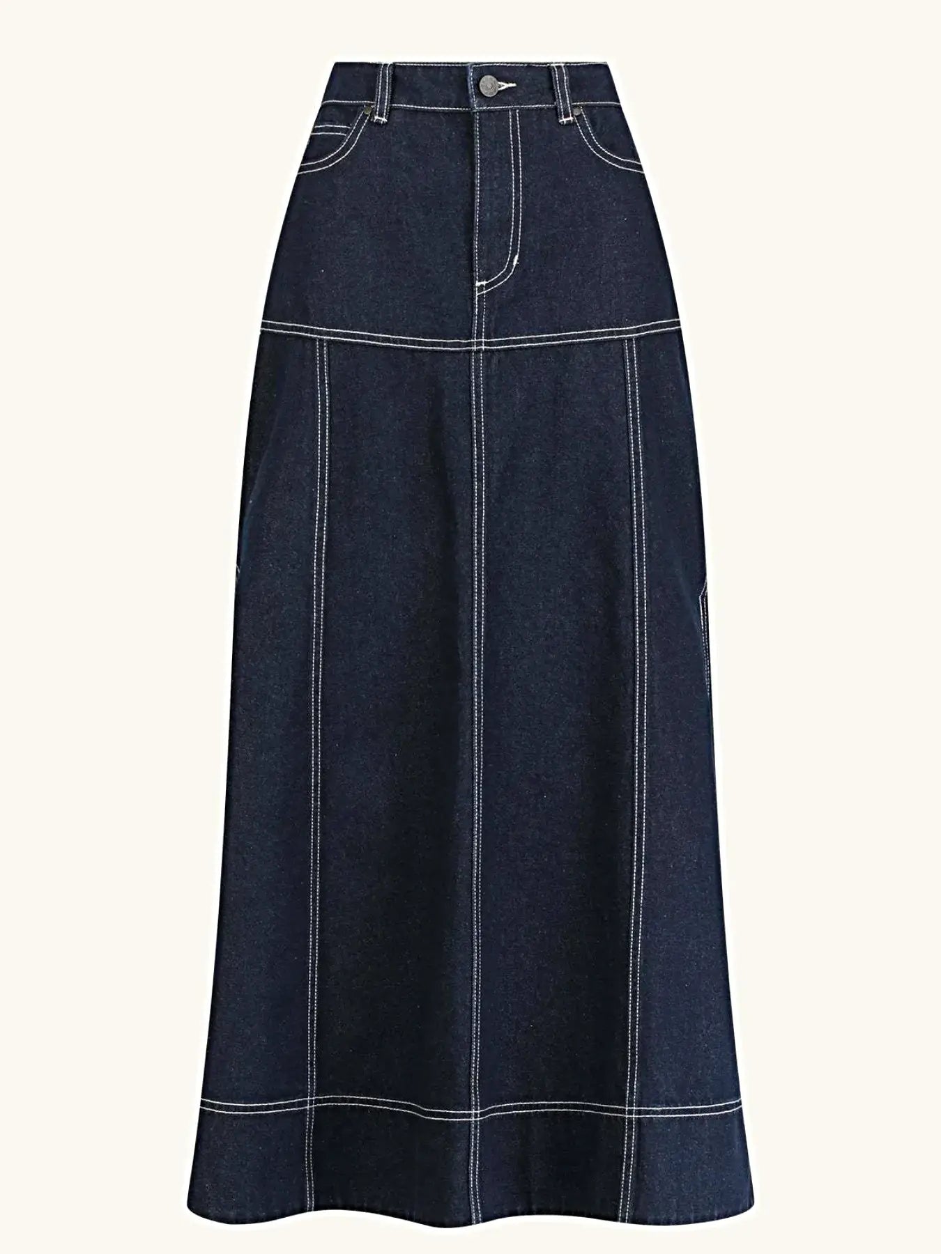 High-Waist Side Slit Contrast Stitch Denim Maxi Skirt -