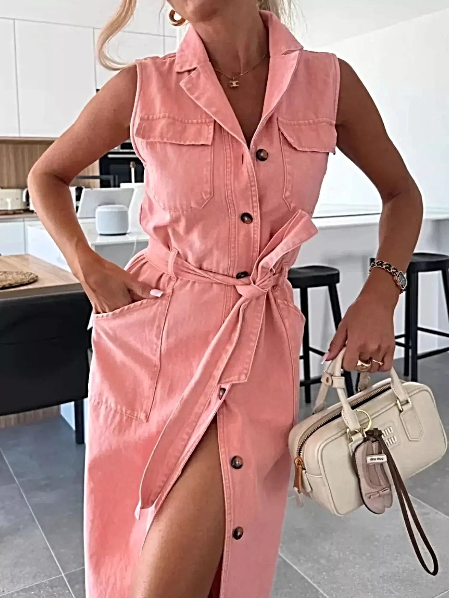Button Front Sleeveless Denim Dress -