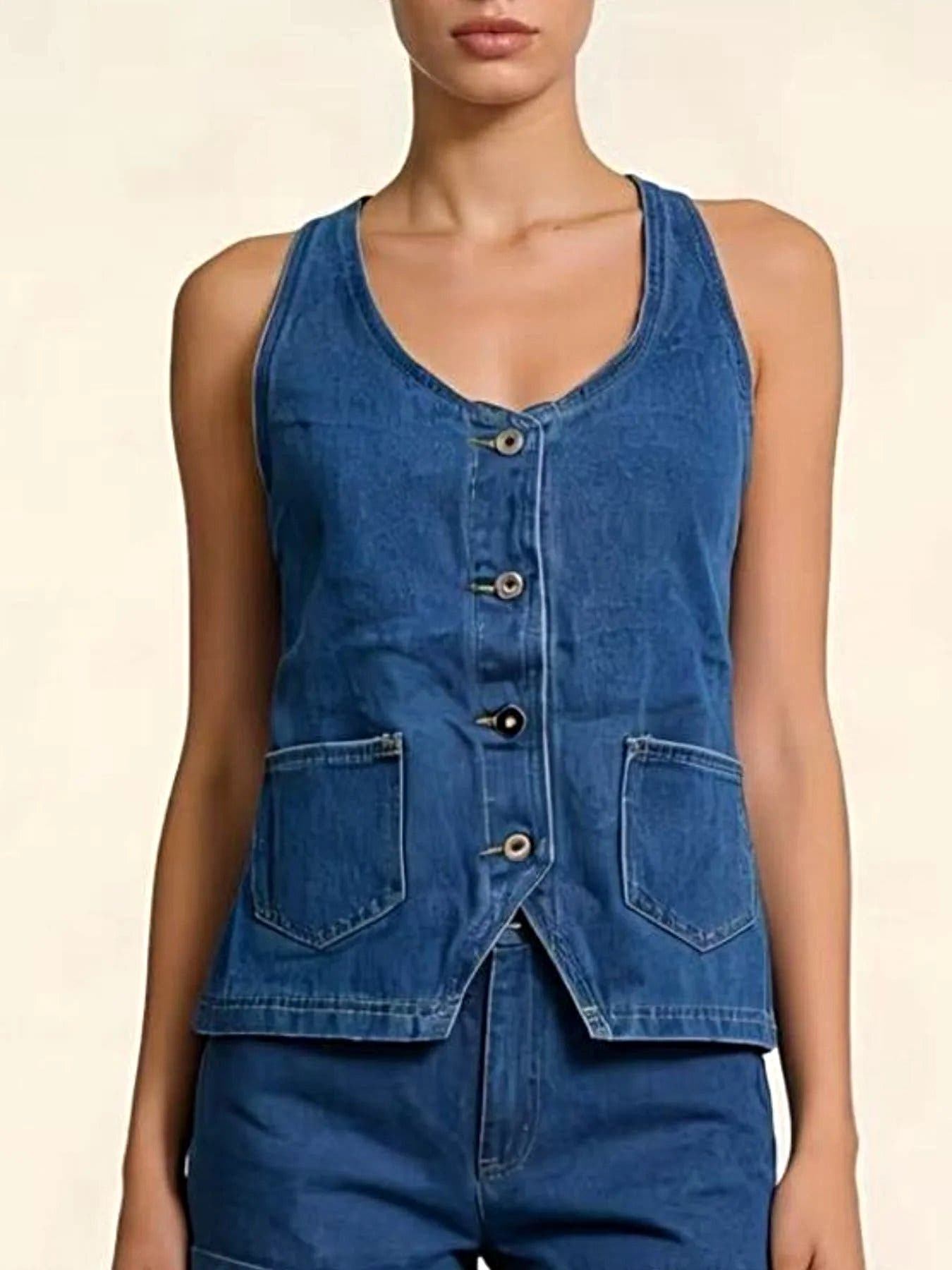 Halter Neck Button-Down Denim Vest -