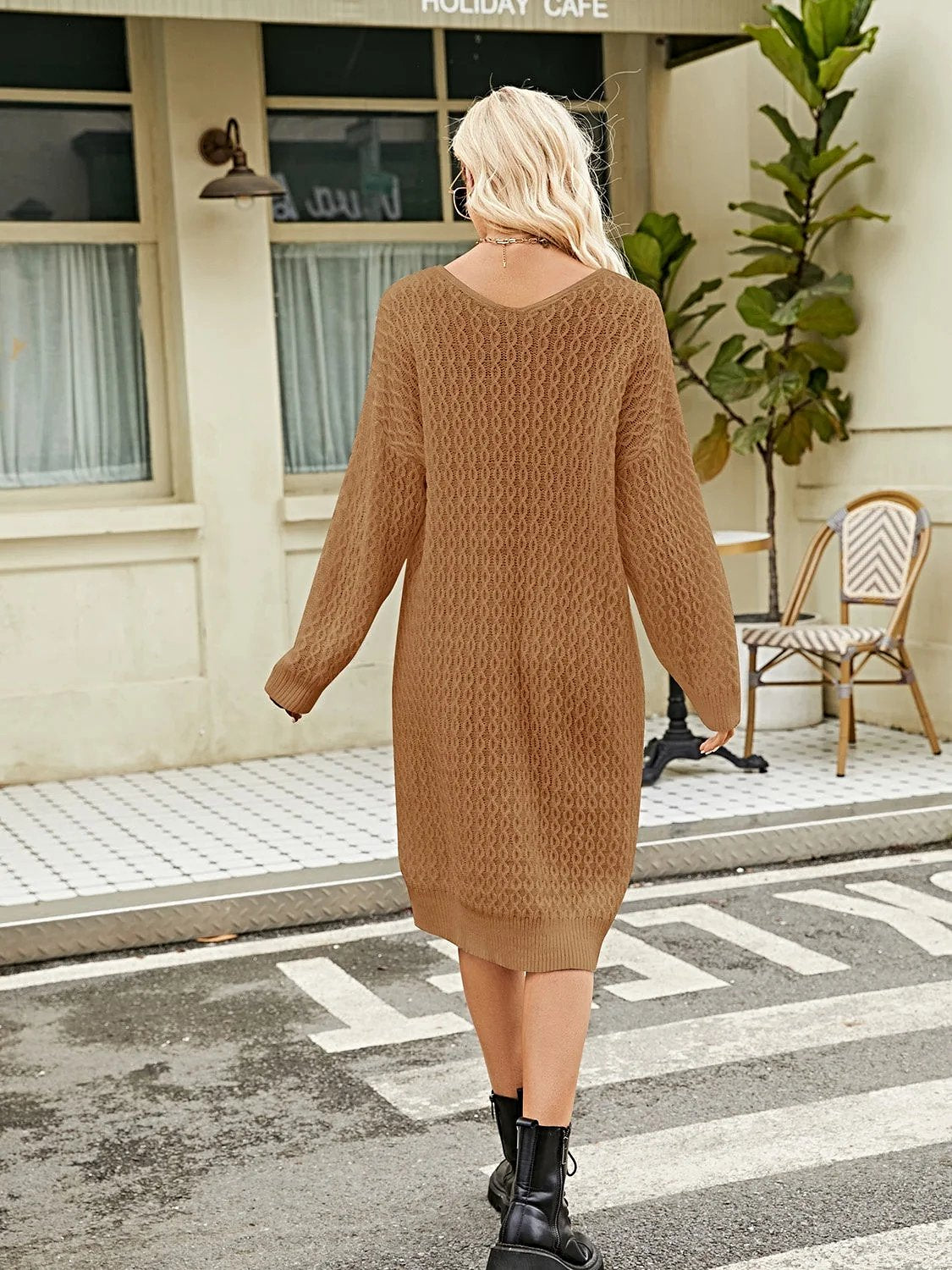 V-Neck Long Sleeve Sweater Dress -