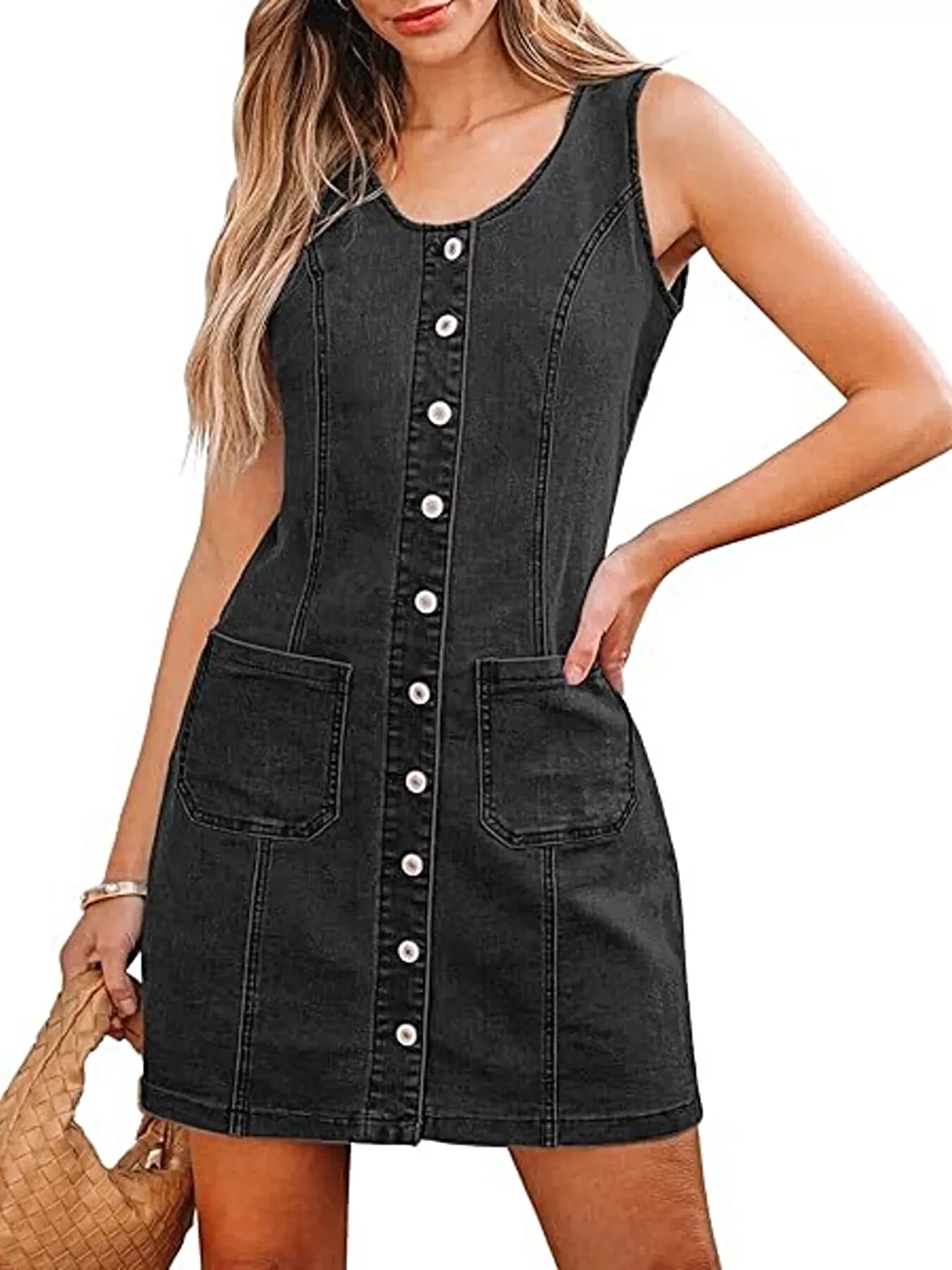 Button-Front Sleeveless Denim Dress -