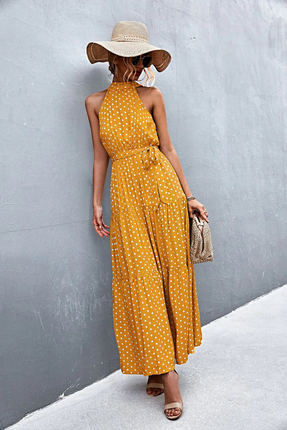 Grecian Printed Tie Waist Maxi Dress with Sleeveless Design and Polka Dot Floral Pattern Trendsi