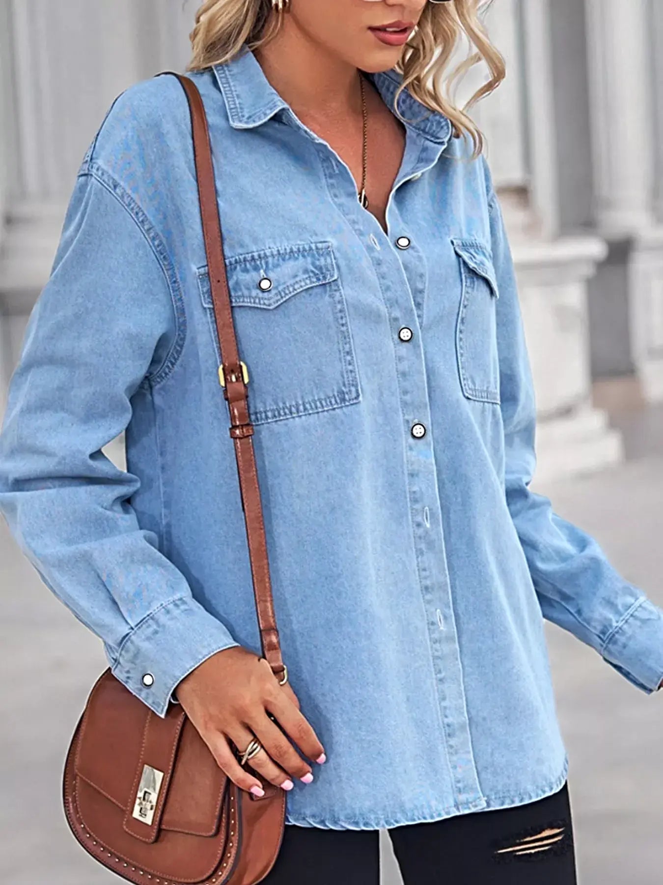Button Down Washed Denim Shirt with Chest Pockets -