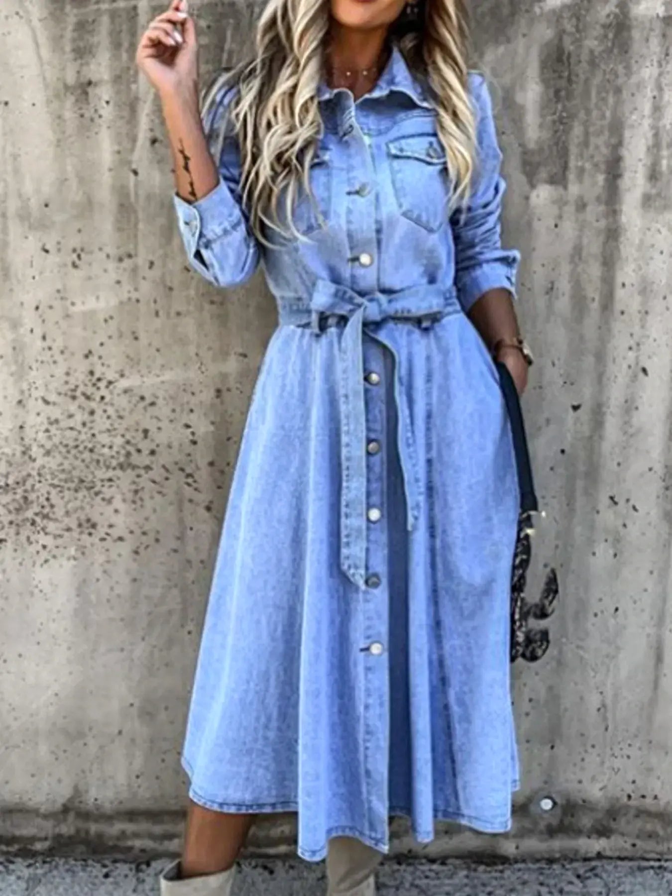 Full Size Tie Waist Button Front Denim Shirt Dress Plus Size -