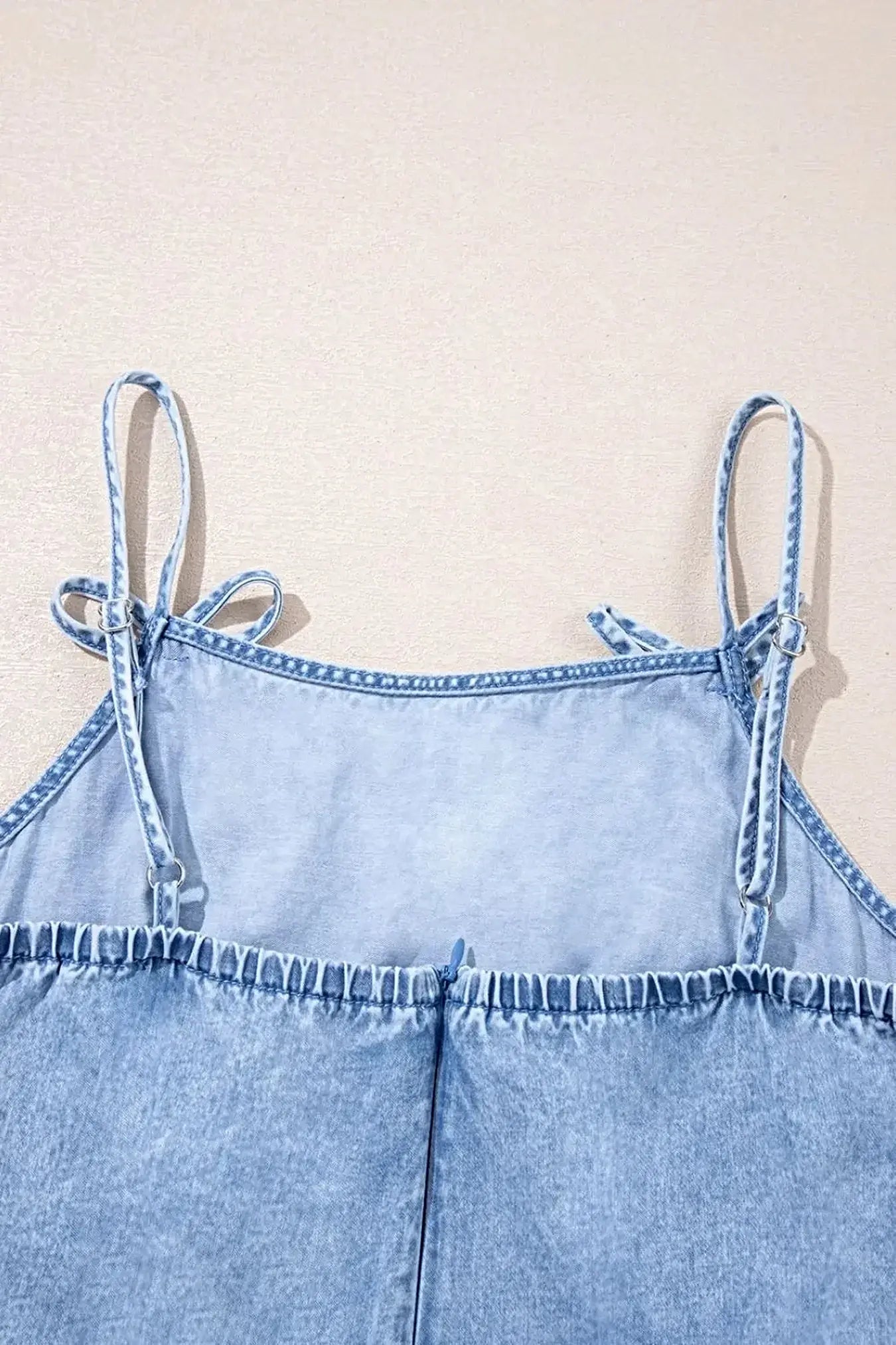 Bow Detail Spaghetti Straps Ruffle Hem Denim Dress -