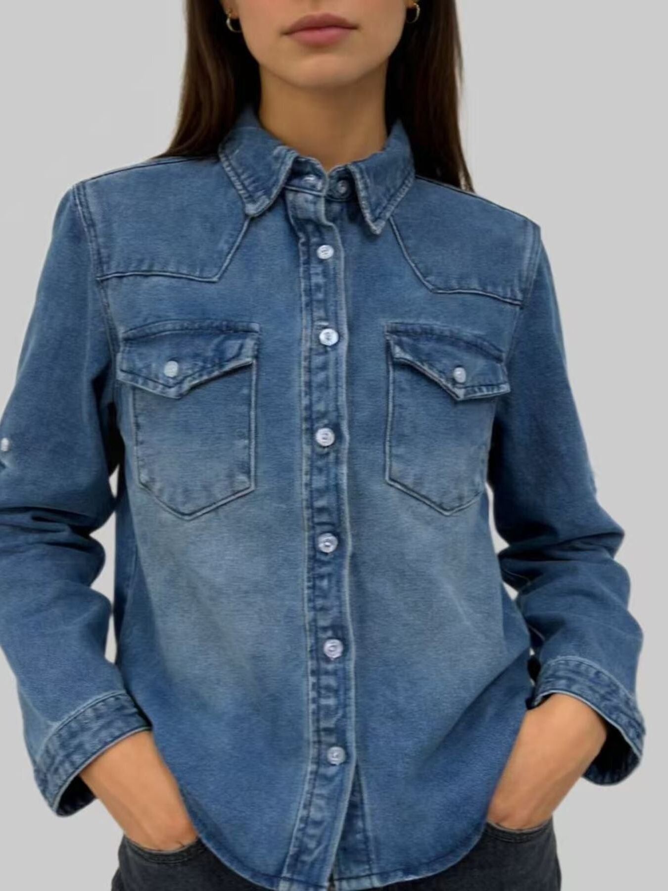 Button Down Classic Western Style Denim Top -