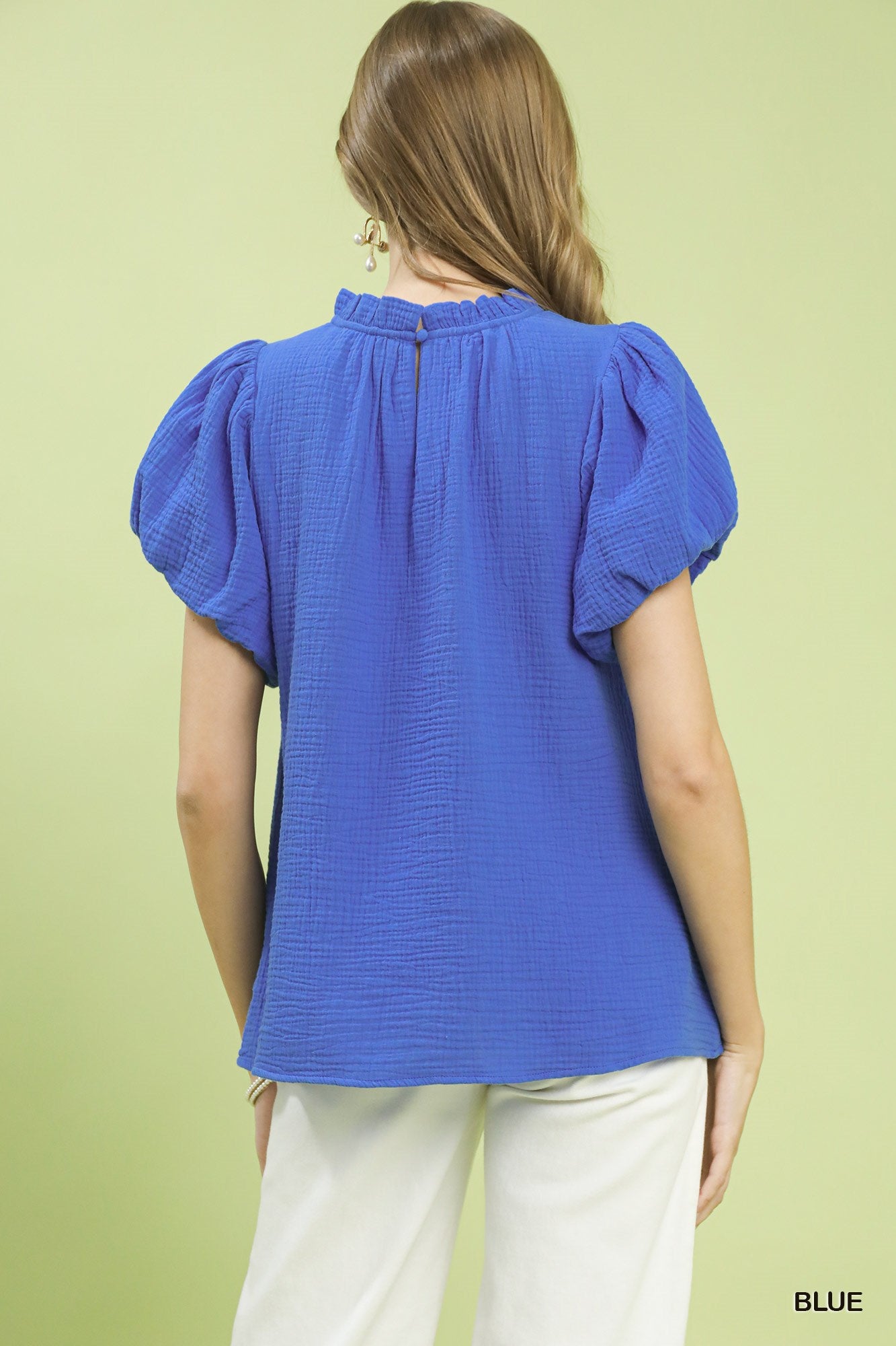 Umgee Textured Gauze Ruffle Neck Boho Top -