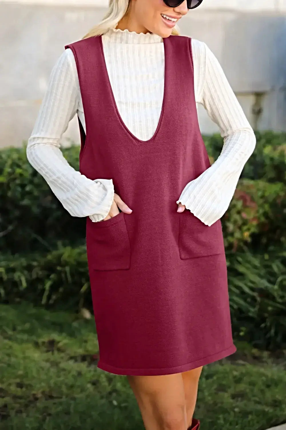 Lovelet Pocketed V-Neck Mini Sweater Overall Dress -