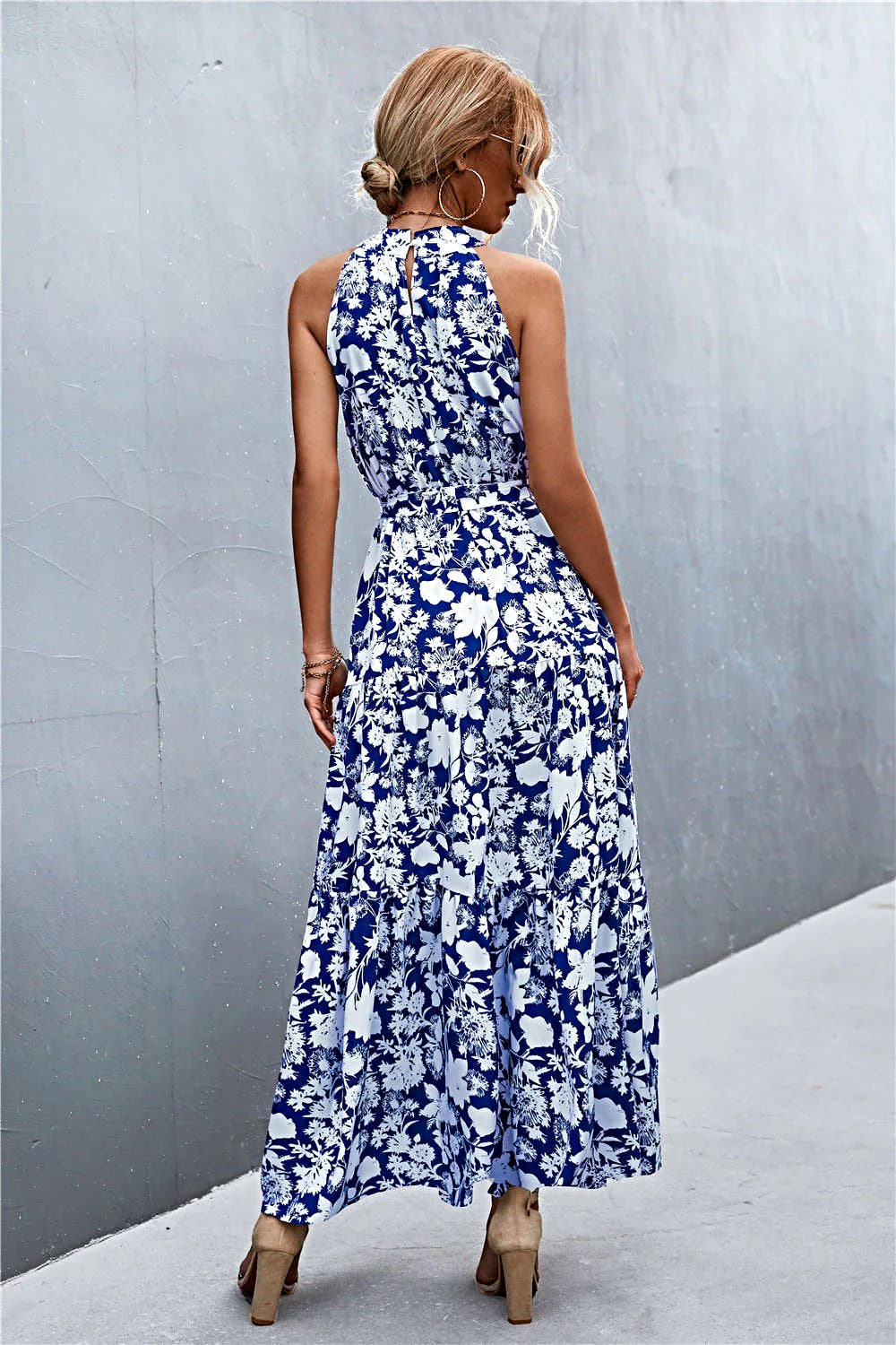 Grecian Printed Tie Waist Maxi Dress with Sleeveless Design and Polka Dot Floral Pattern Trendsi