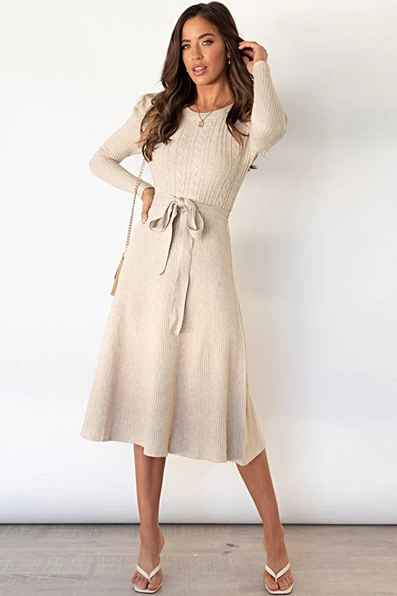 S-2XL • Tie Waist Sweater Dress • Round Neck, Long Sleeves • Stretchy Opaque Fabric -