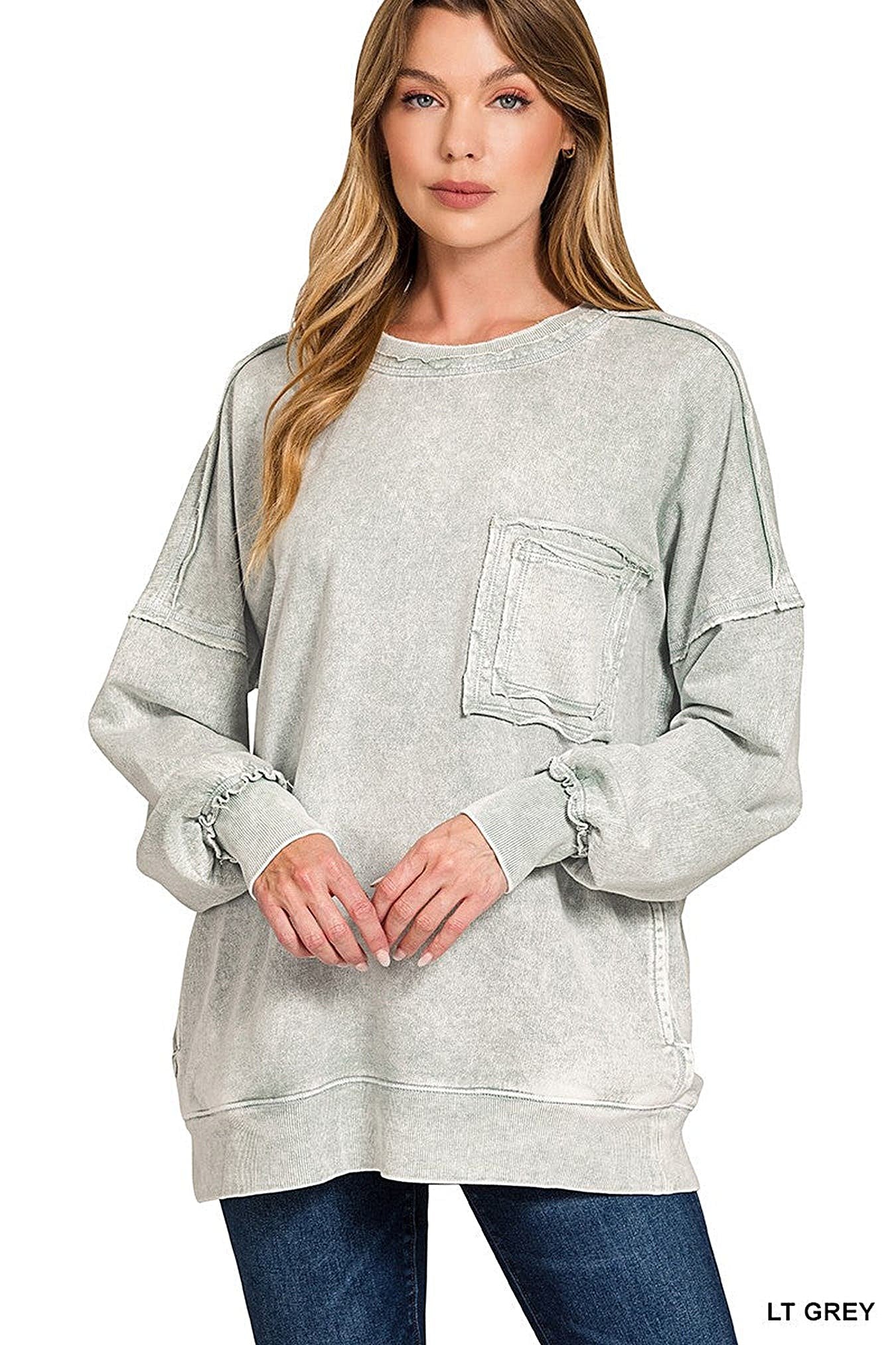 Zenana Halo Washed French Terry Exposed-seam Sweatshirt -