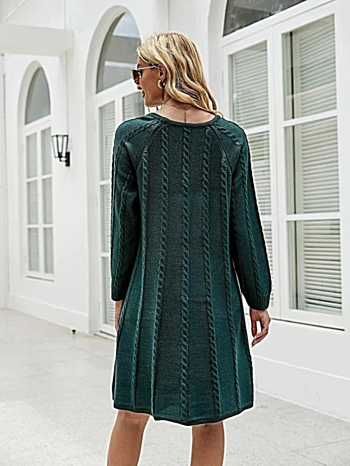 Cable Knit Sweater Dress for Women - Soft Acrylic, Slightly Stretchy, Long Sleeve - Trendy Style -
