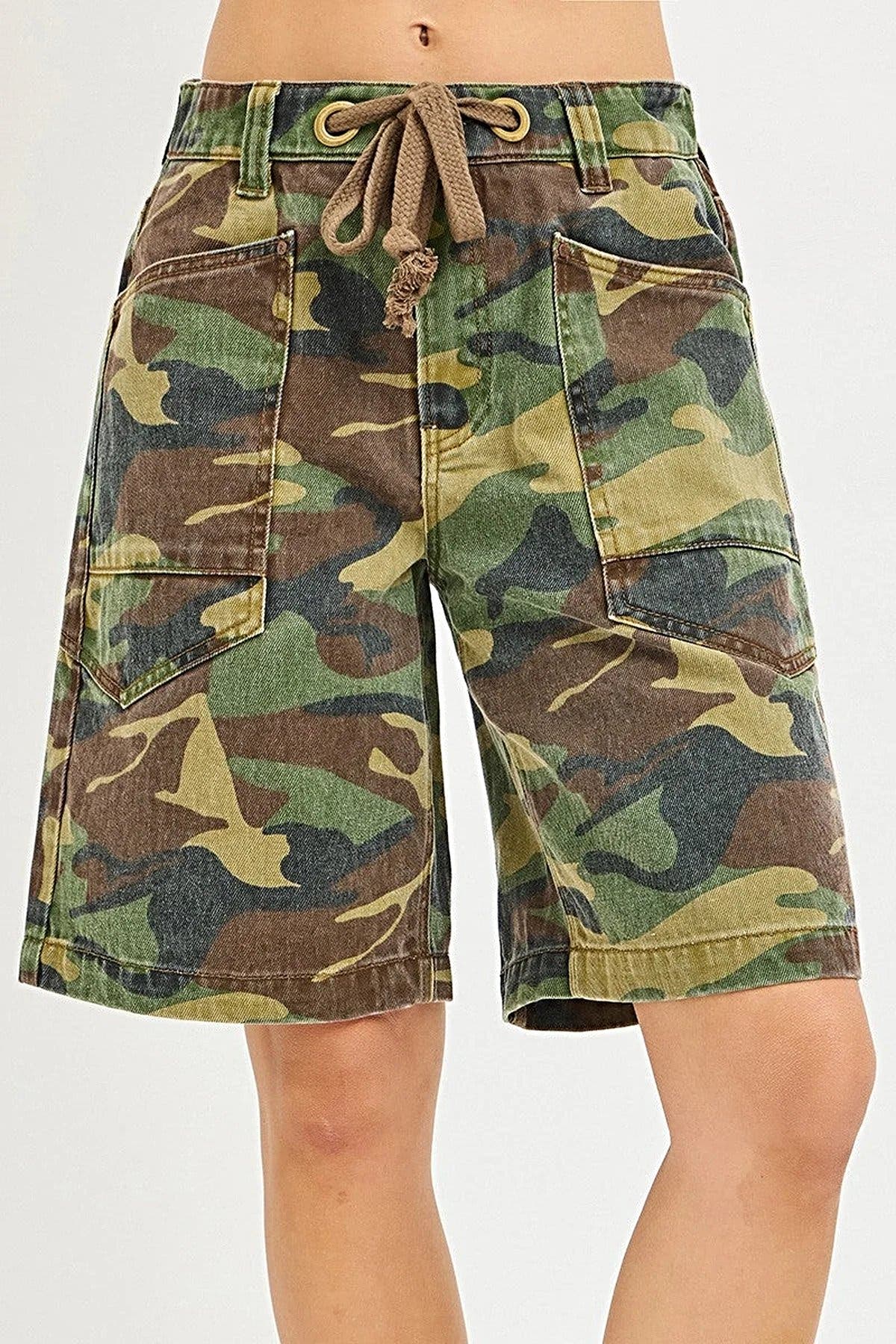 RISEN Camo Print Slouchy Jorts with Eyelet Drawstring -