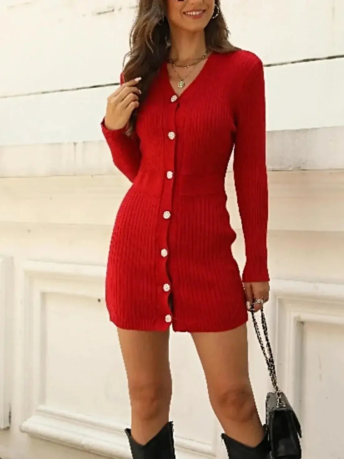 Ribbed Button-Front V-Neck Sweater Dress -