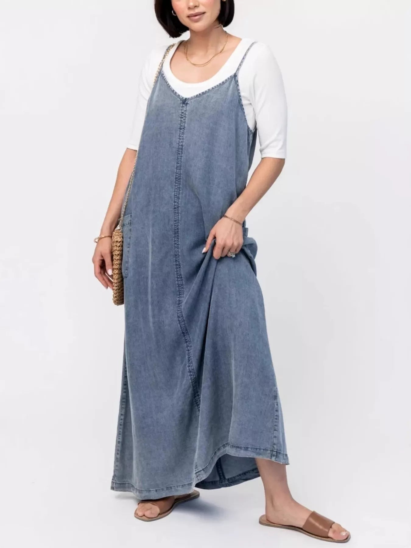 Casual Washed Denim Cami Maxi Dress -