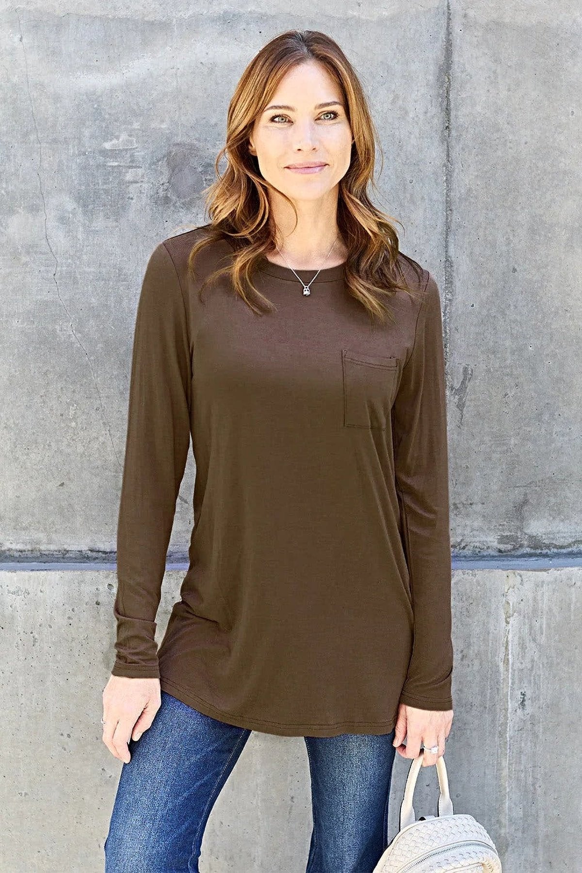 Opulent Basic Bae 100% Polyester Full Size Round Neck Long Sleeve Top with Pockets Trendsi